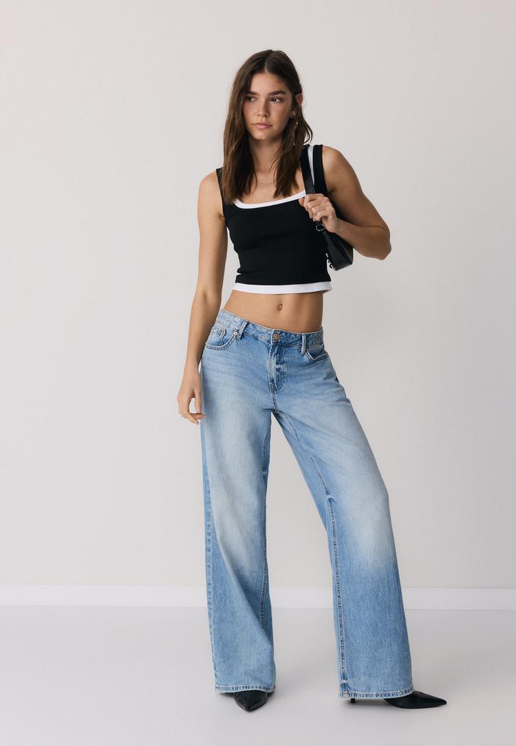 Stradivarius Μπλούζα Διπλής Στρώσης Με Τετράγωνη Λαιμόκοψη Μαύρο L