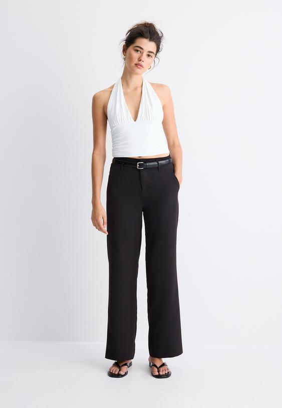 Stradivarius Rechte Broek Met Riem Zwart 34