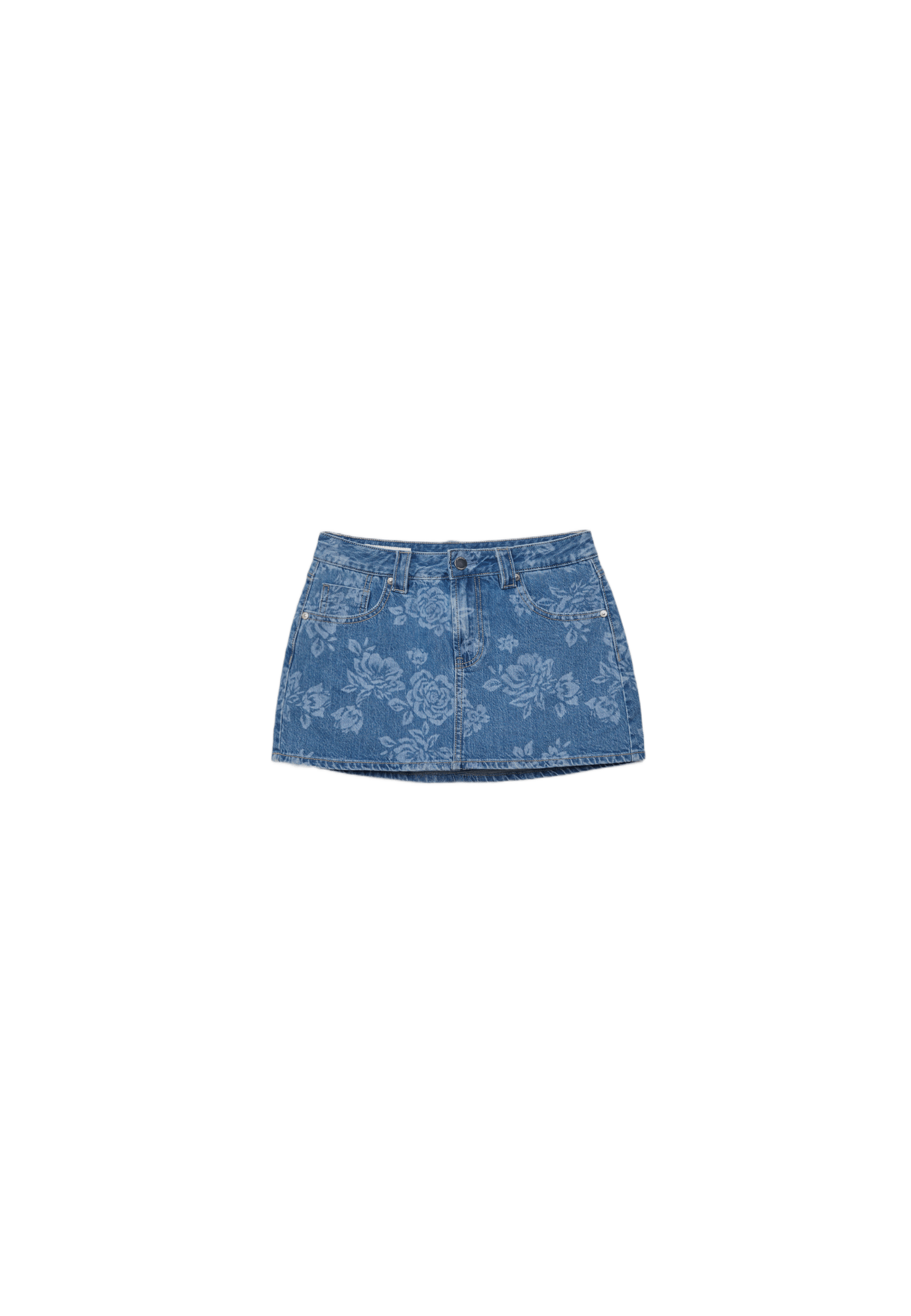 Floral laser print denim skort — MEDIUM BLUE DENIM