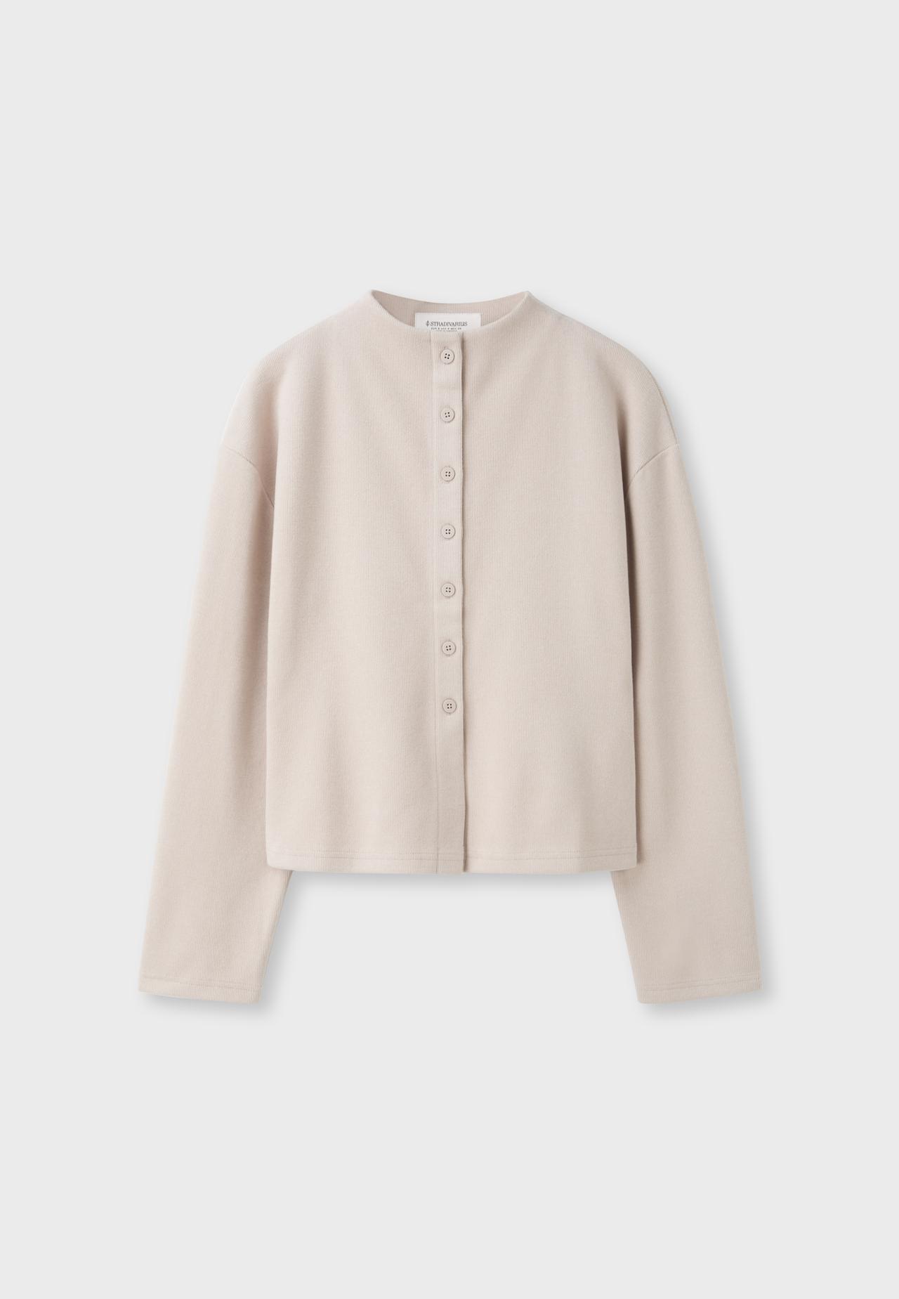 Stand collar knit cardigan — Stone