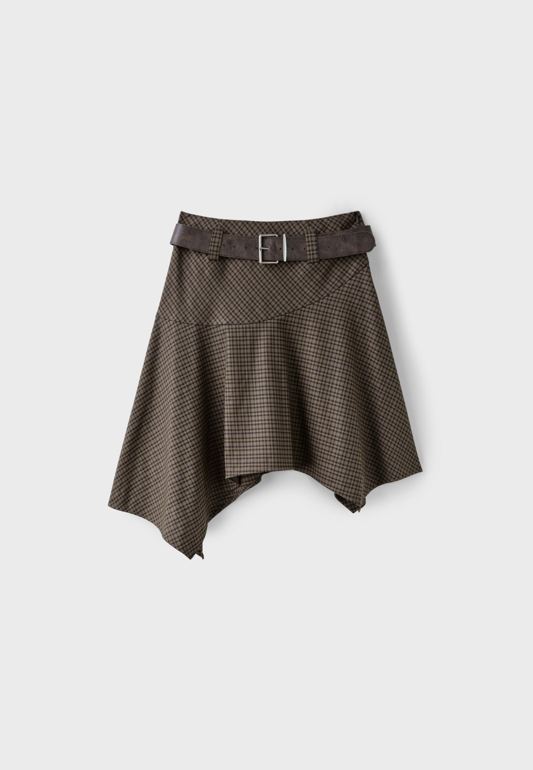 Check skirt with belt — Beige