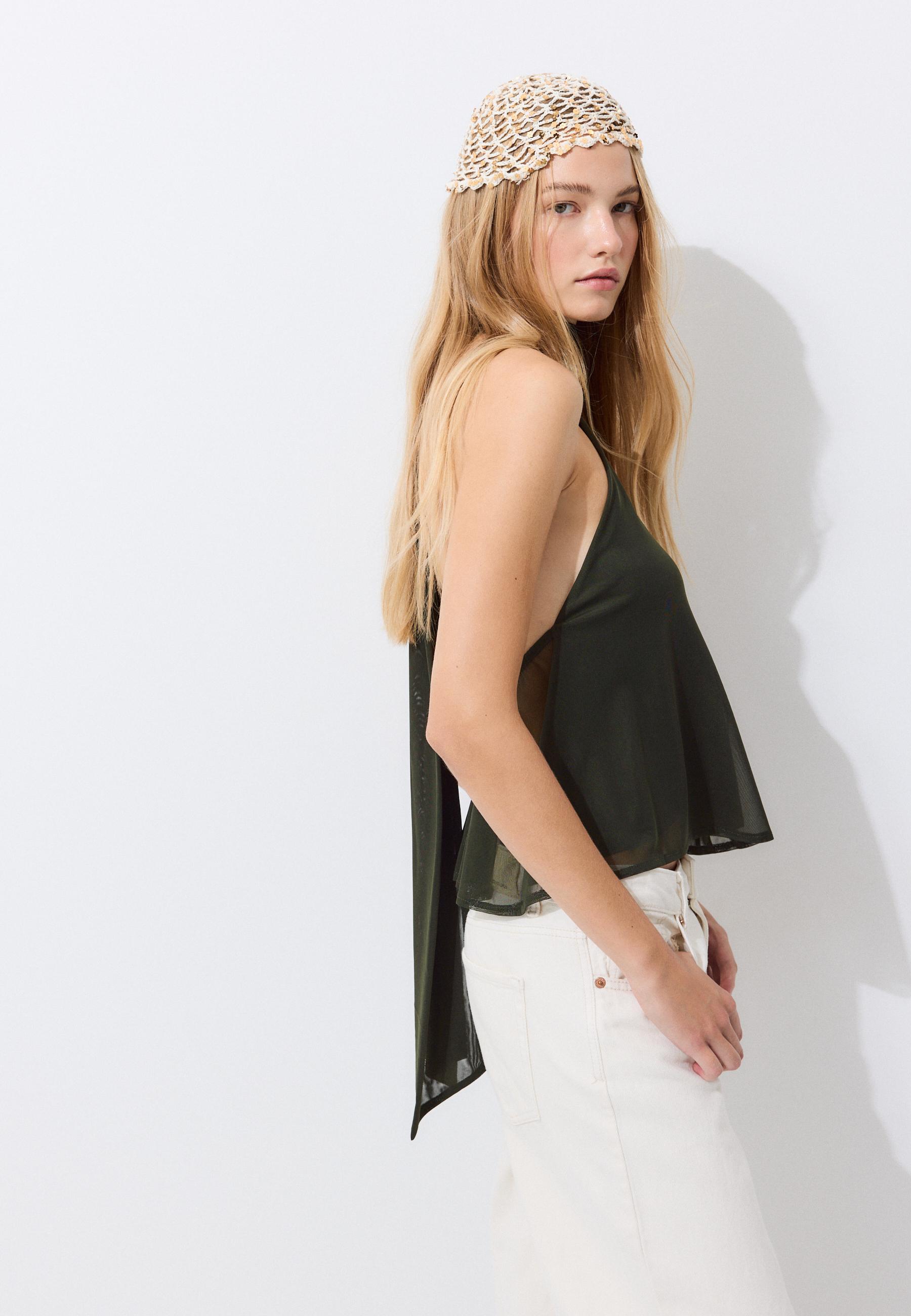 Stradivarius Τοπ Halter Από Τούλι Με Τύπωμα Και Λαιμόκοψη Μαντήλι Χακί Xs