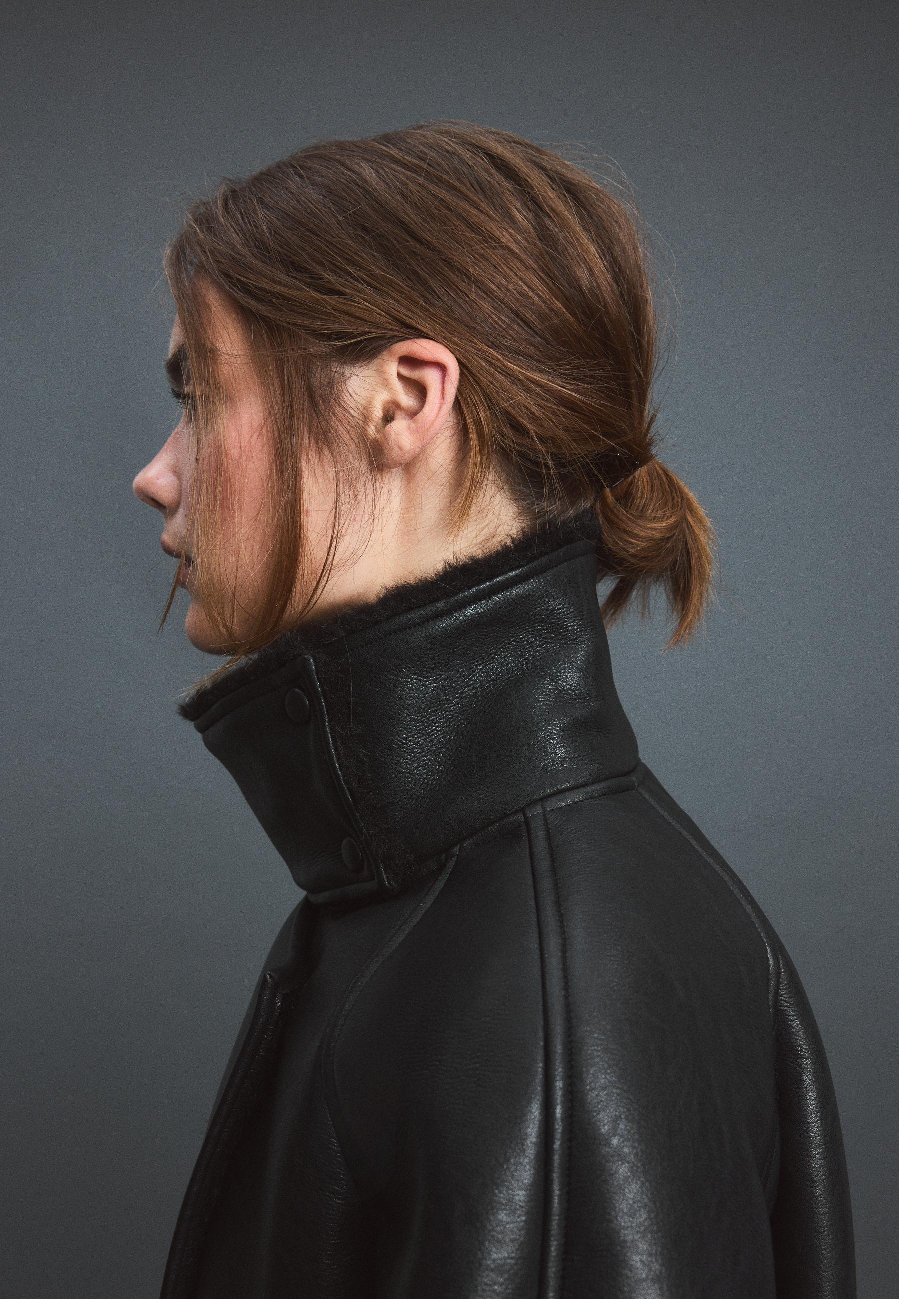 Leather effect double-faced high neck jacket — Black