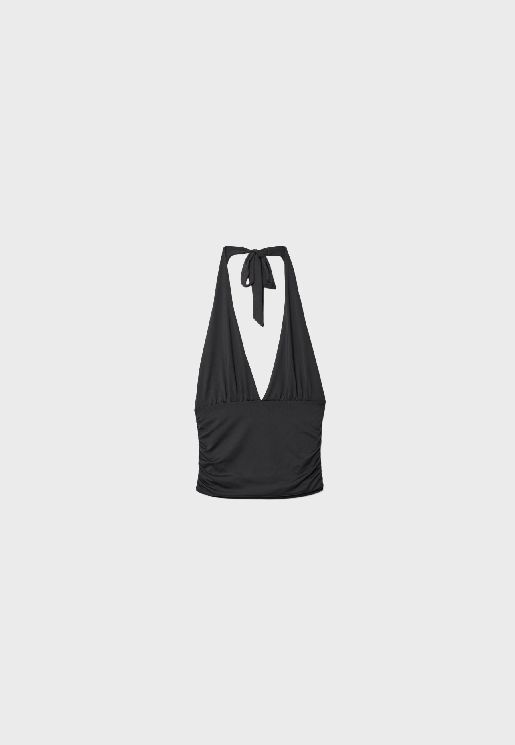 Ruched halter top with neck tie — Black