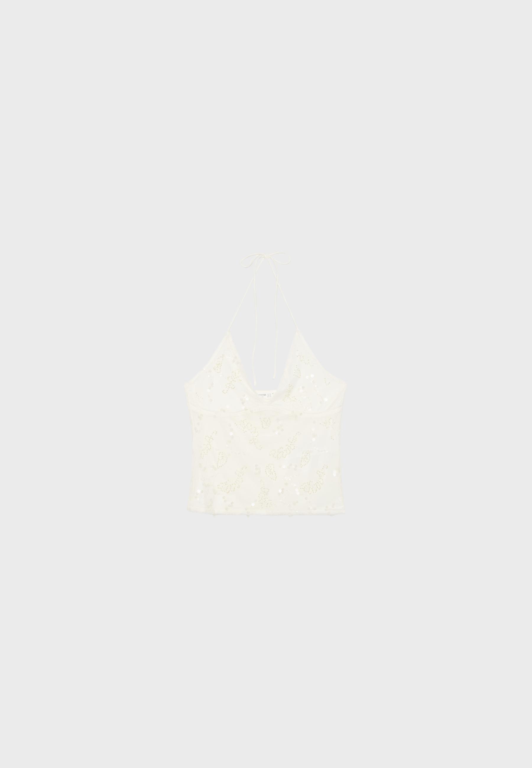 Embroidered sequin halter top — Vanilla