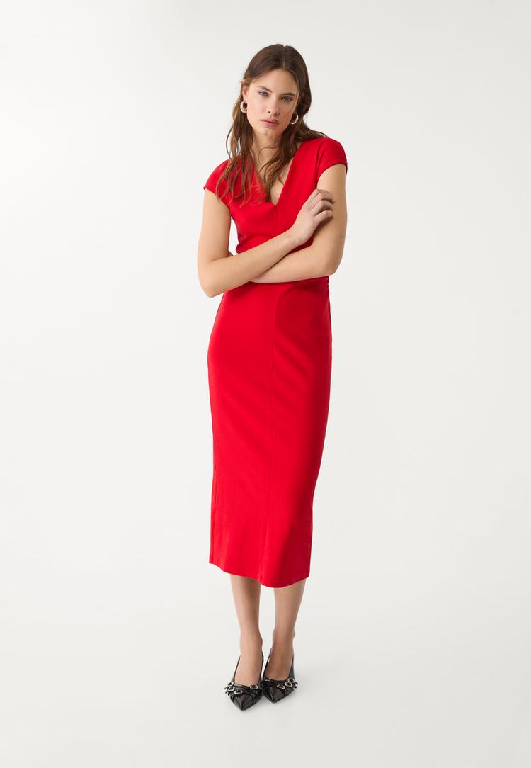 robe midi col en v froncee