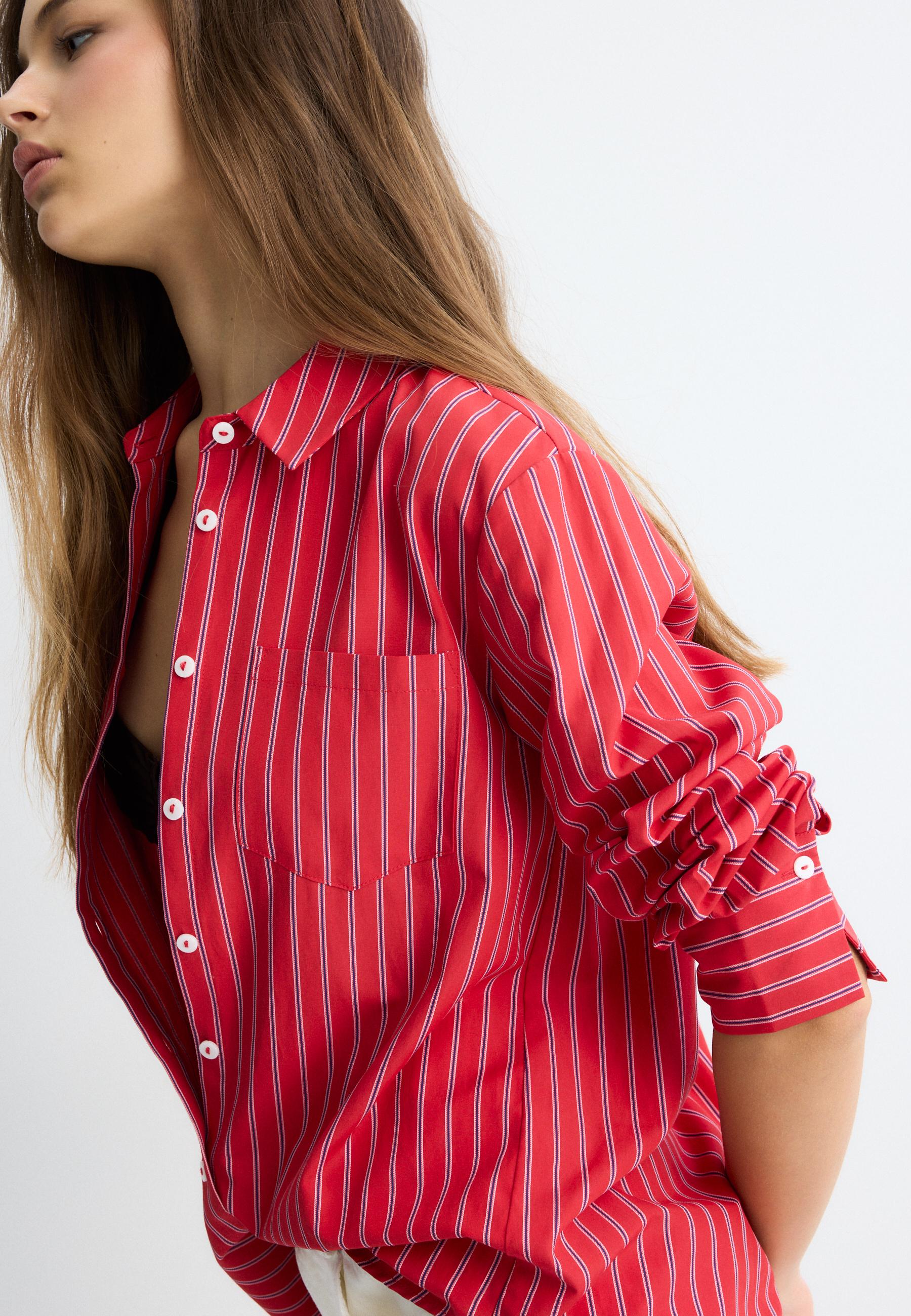 Basic striped poplin shirt with pocket — Red
