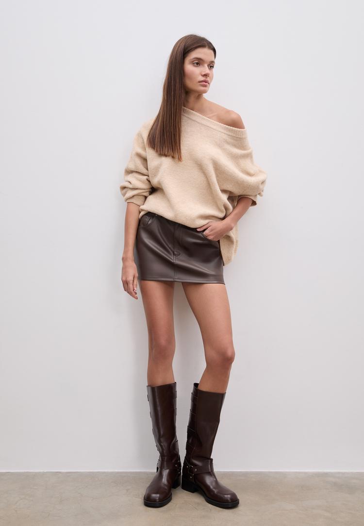 Stradivarius D62 Fustă-Pantaloni Mini Cu Aspect De Piele Maro 38