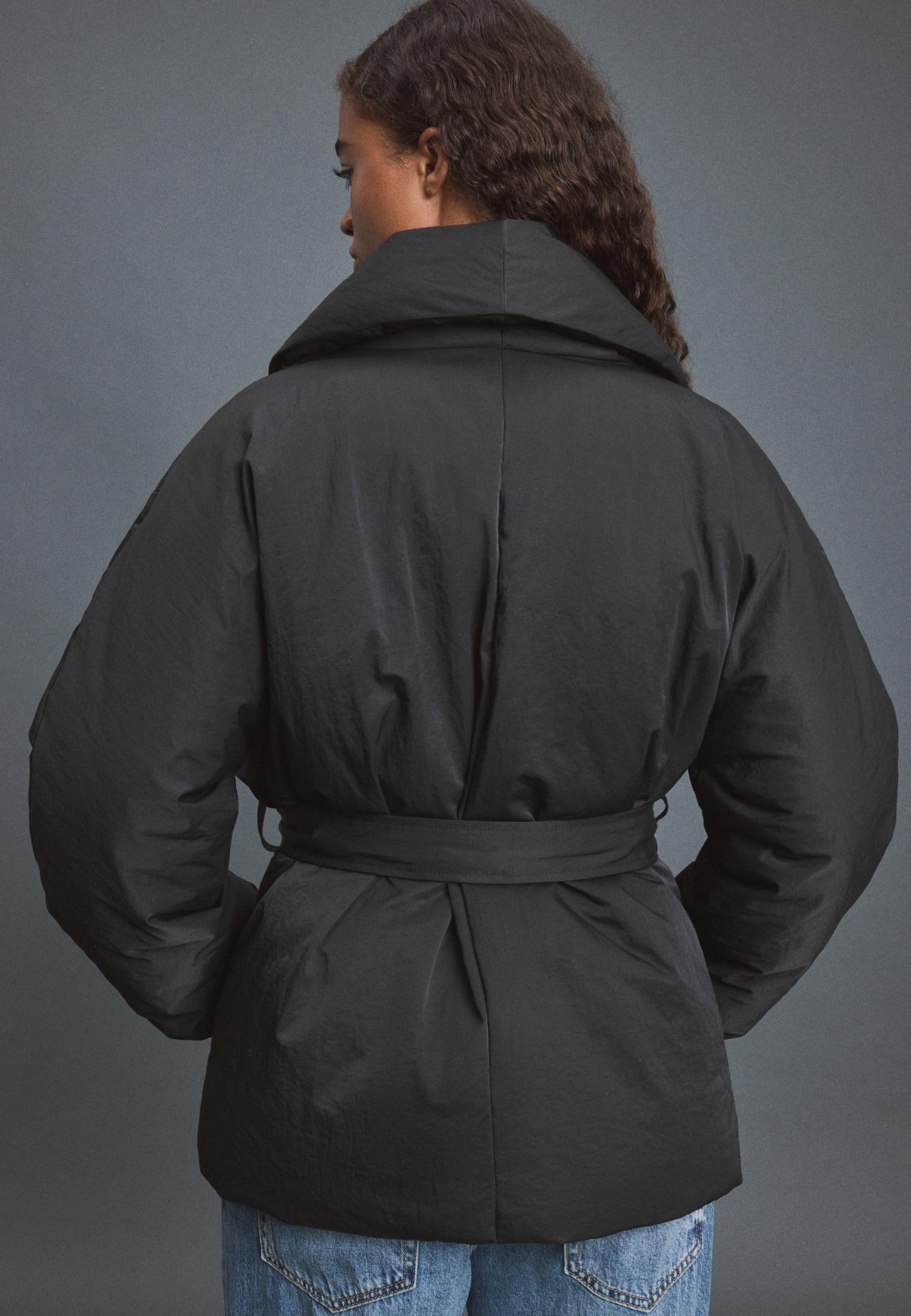 Puffer jacket with shawl neck and belt — Black