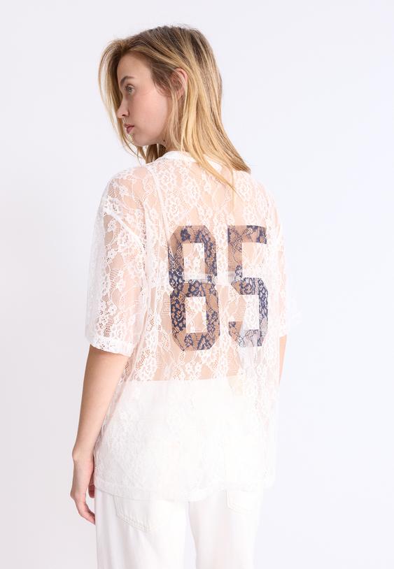 Stradivarius Oversize Lace T-Shirt With Graphic Detail Ecru M