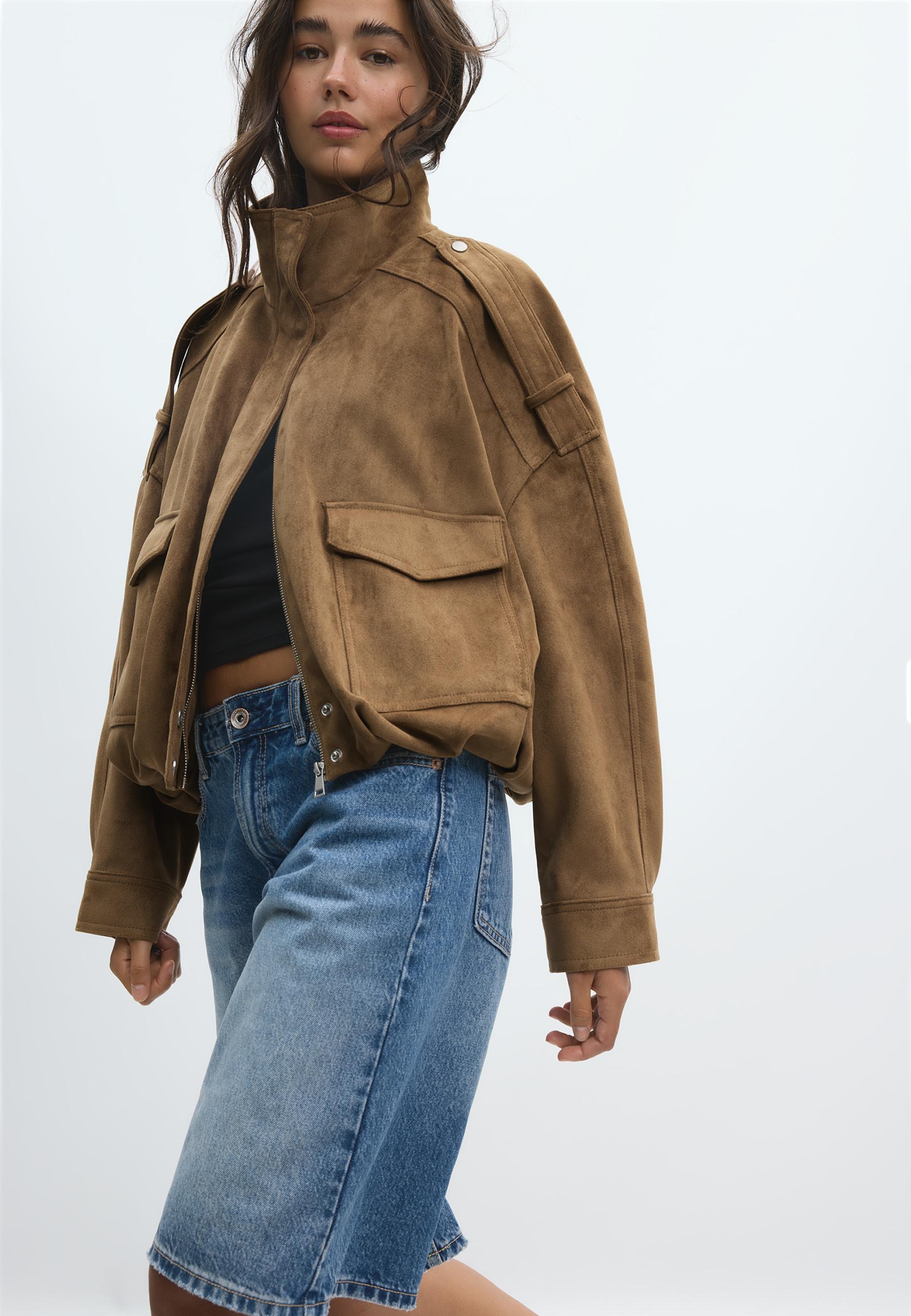 Oversize faux suede jacket — Stone