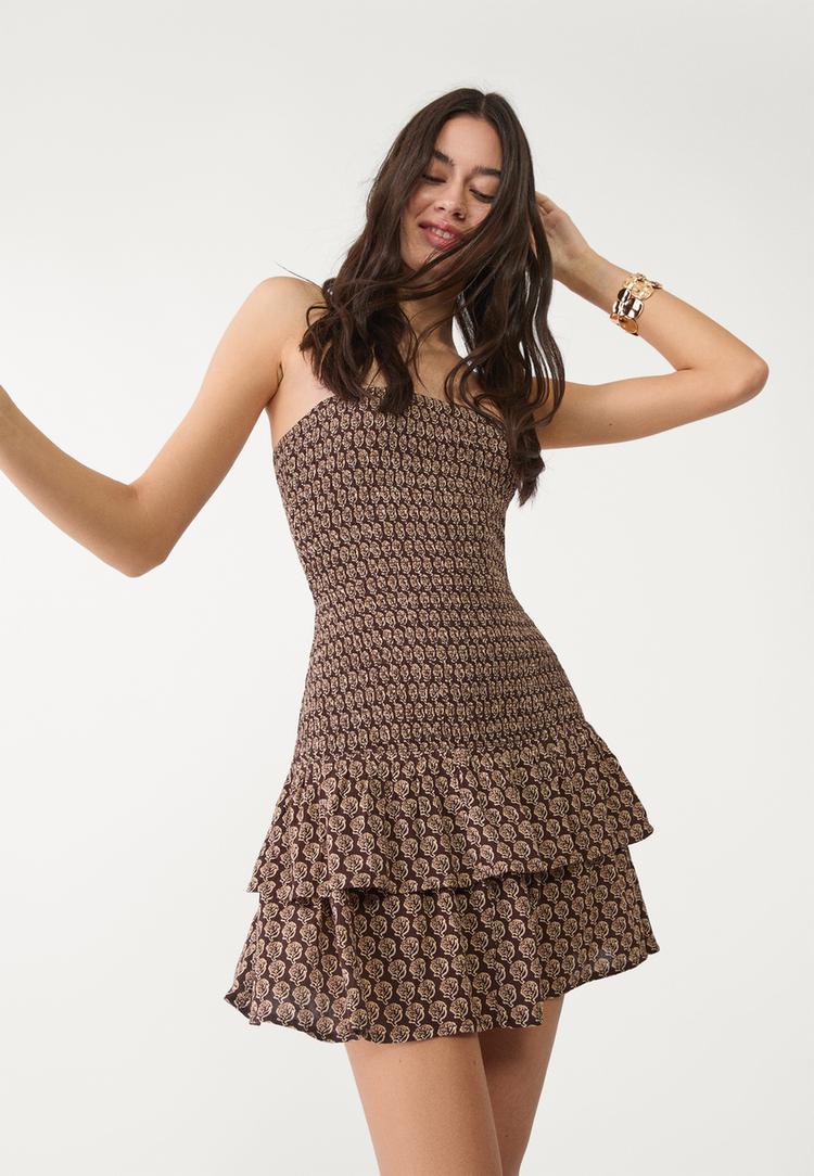 Robe courte imprimée à volants - Courte femme | Stradivarius France
