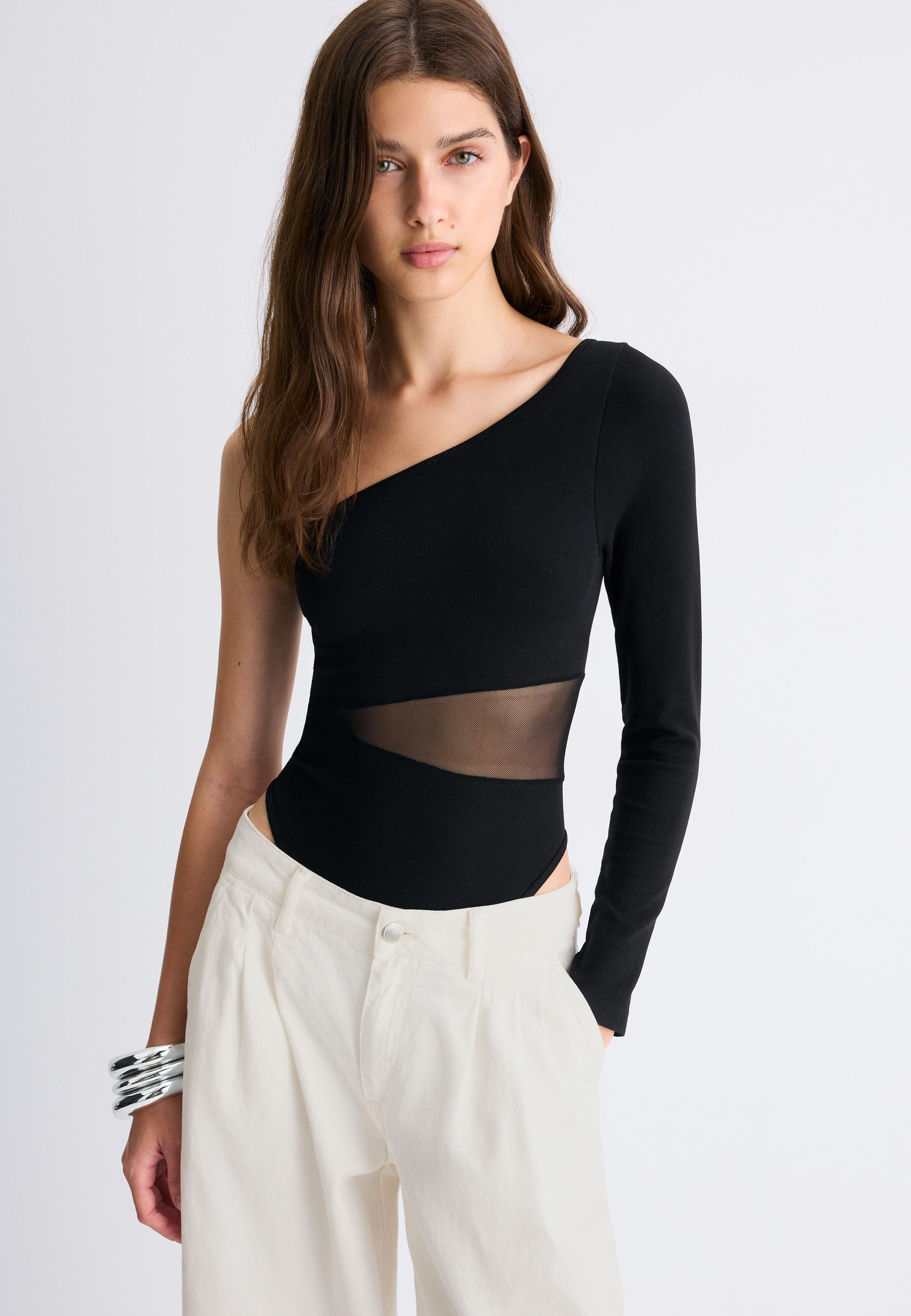 Asymmetric bodysuit with sheer details — Black