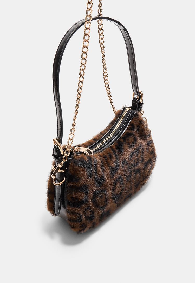 faux fur moon shoulder bag with chain