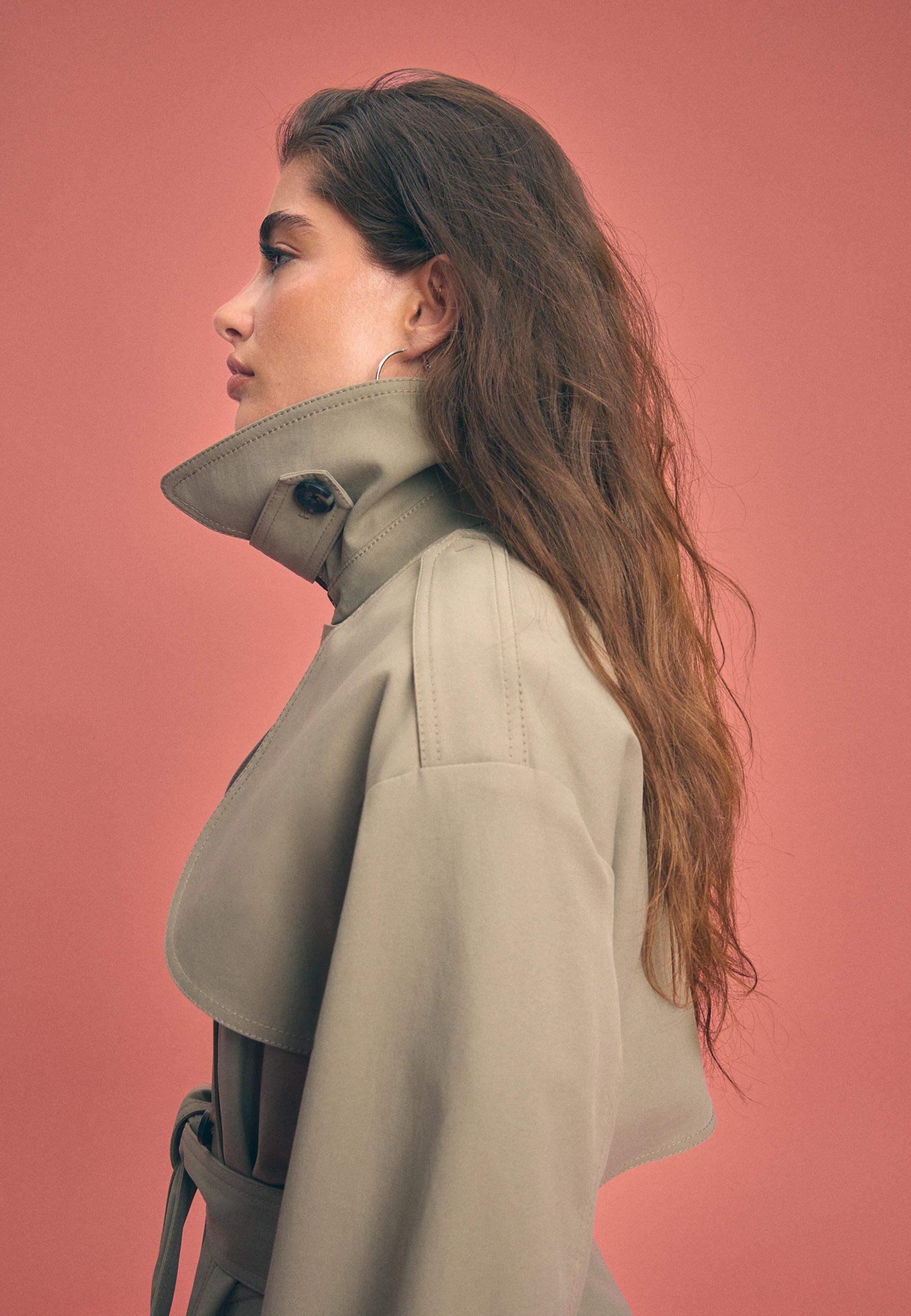High-neck regular trench coat — Beige