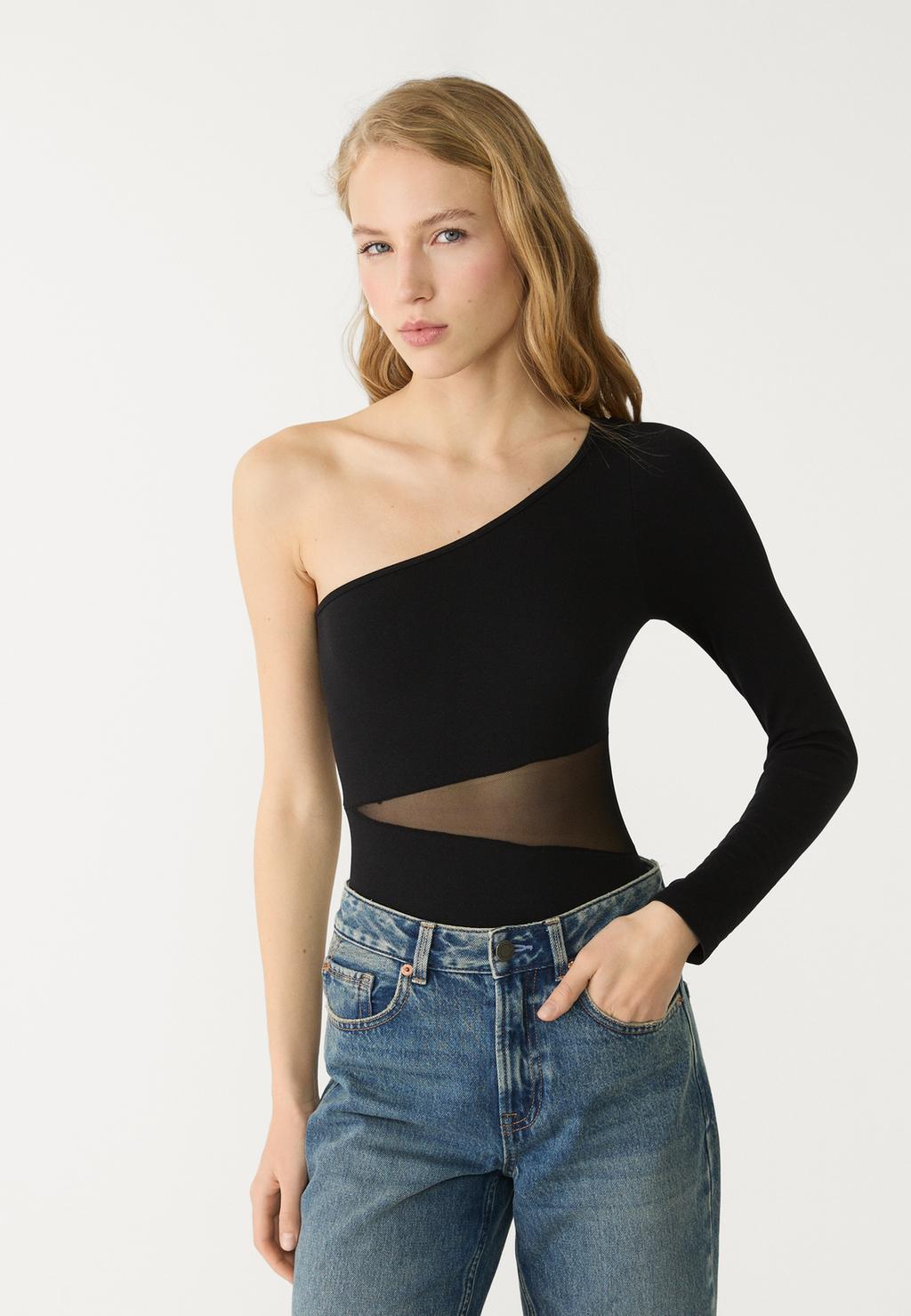 Asymmetric bodysuit with sheer details