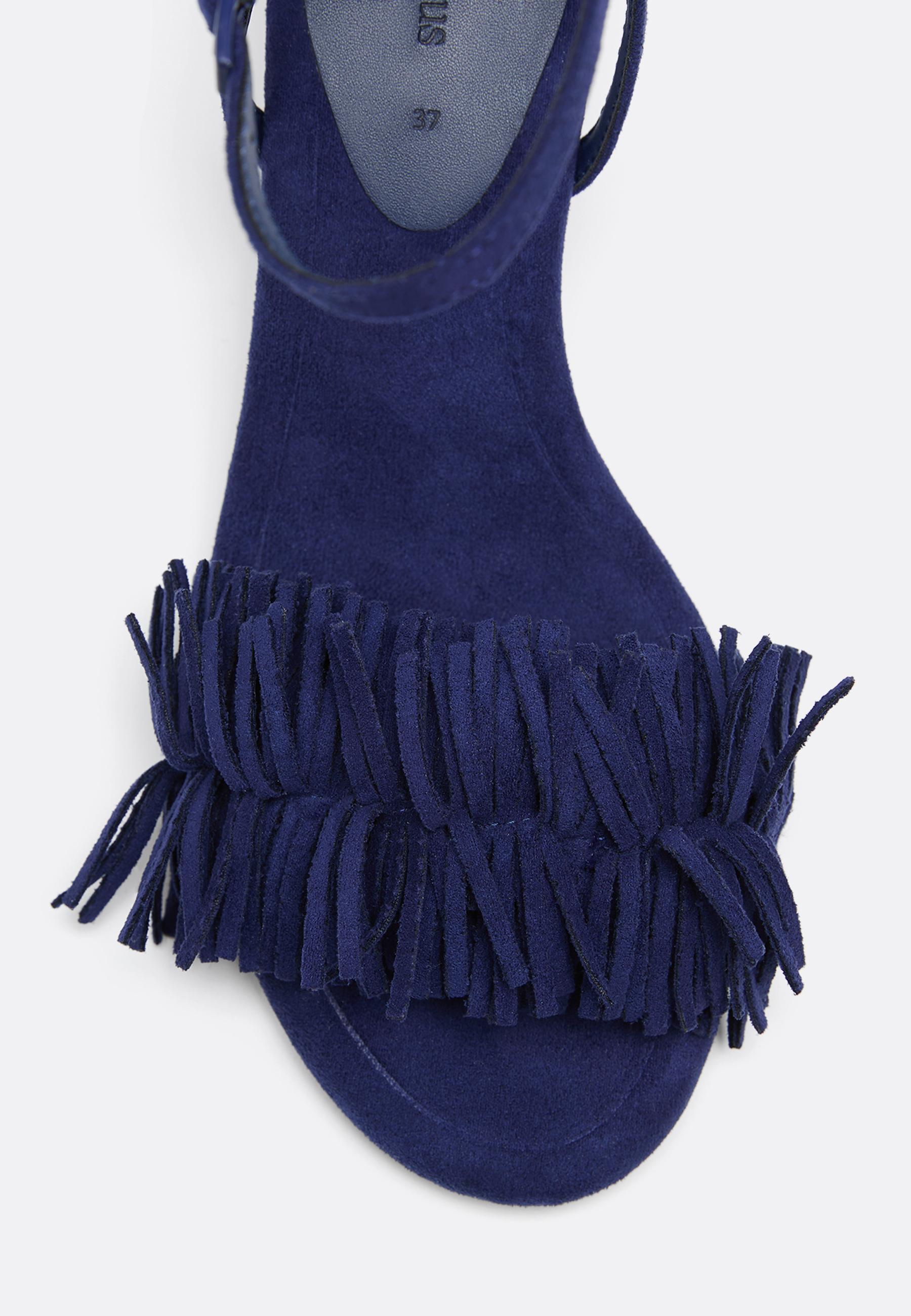 Leather-effect fringed heeled sandals — BLUE