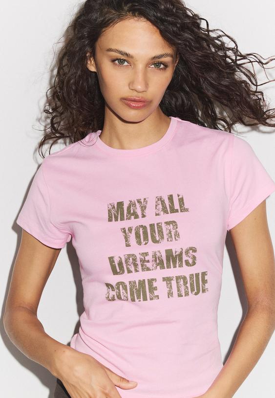 Stradivarius Slogan Short Sleeve T-Shirt Pastel Pink S