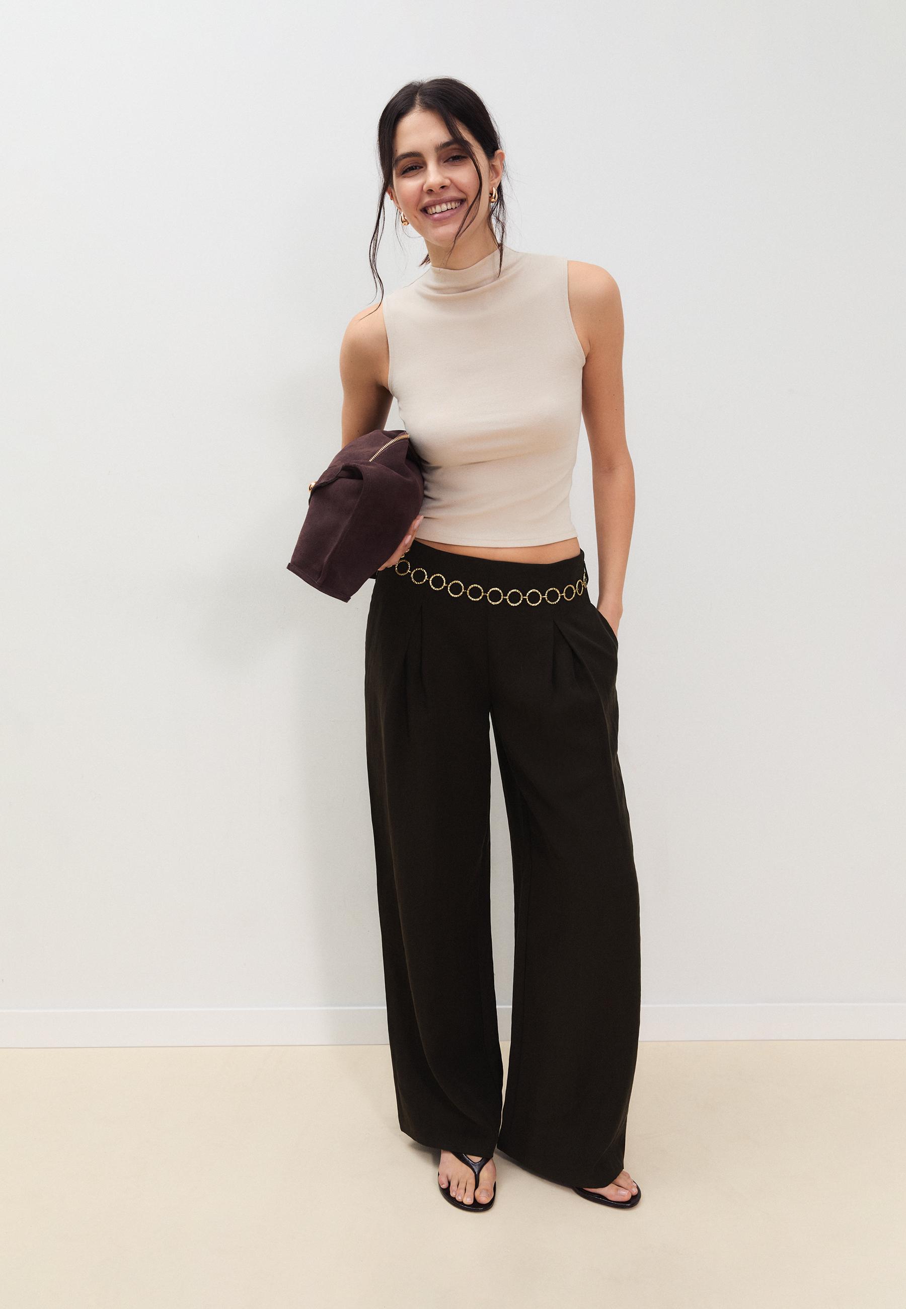 Lyocell darted trousers with chain — Brown