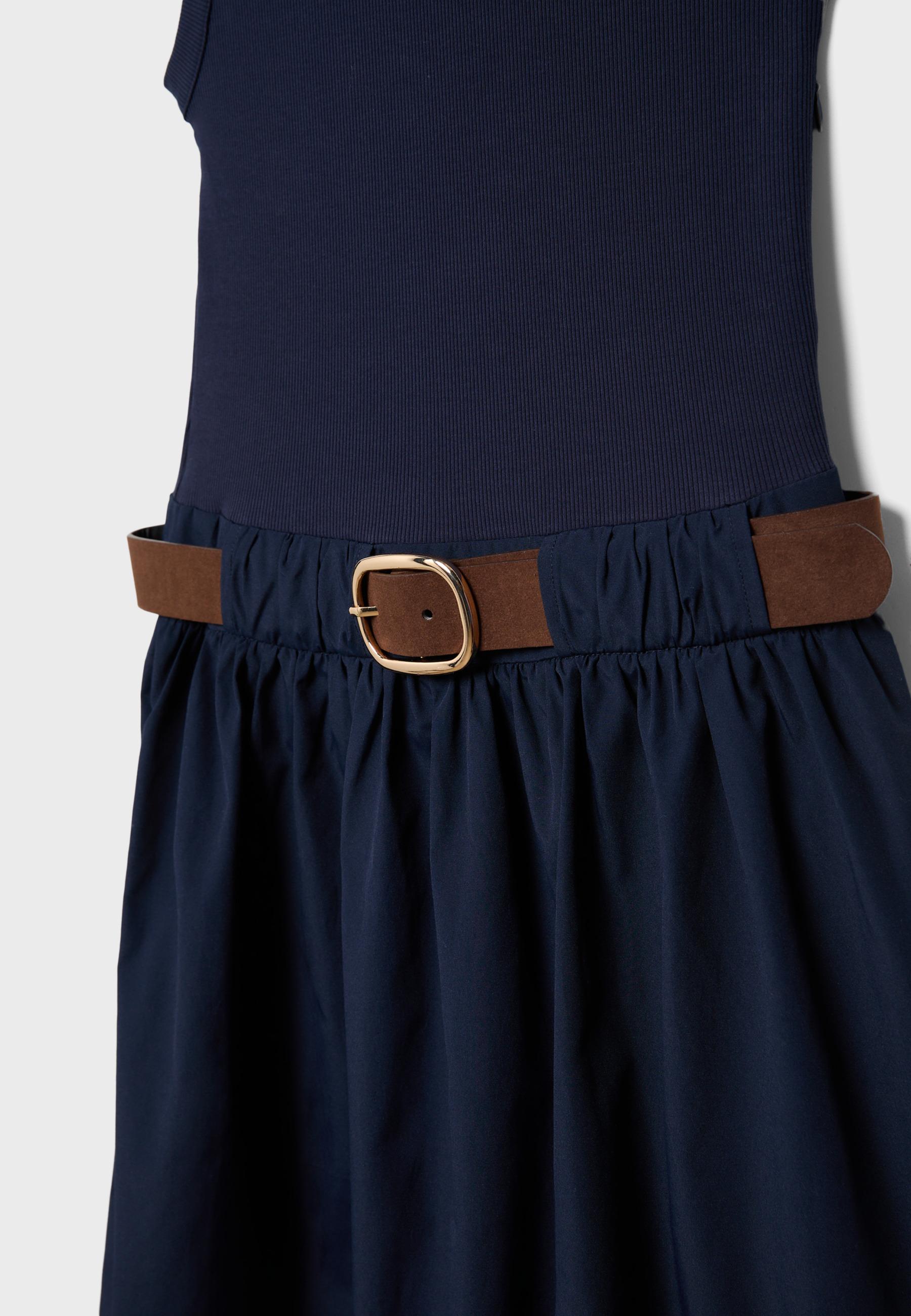 Two-material sleeveless midi dress with belt — Dark blue