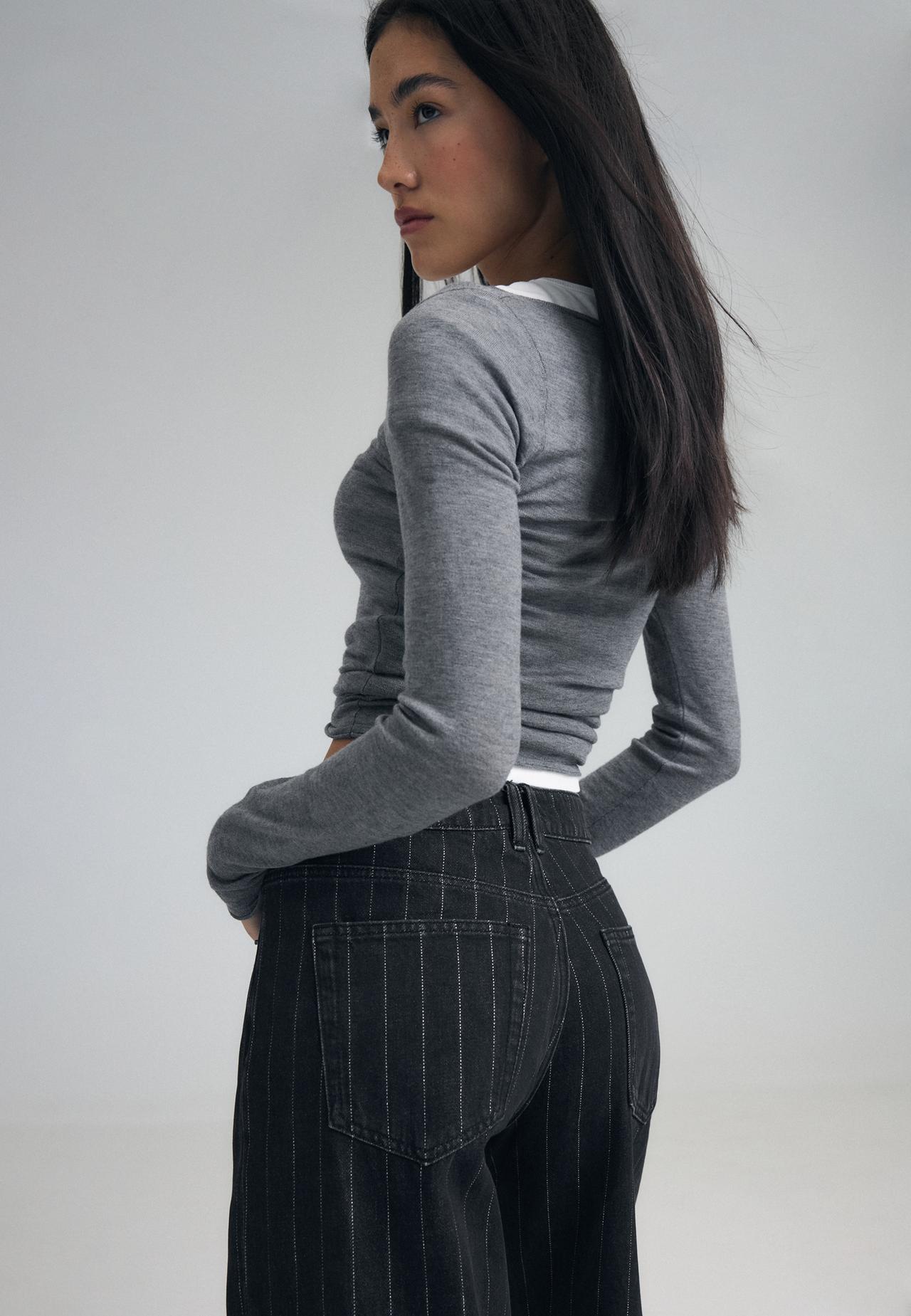 Straight wide-leg jeans with metallic thread stripes — BLACK DENIM WASH
