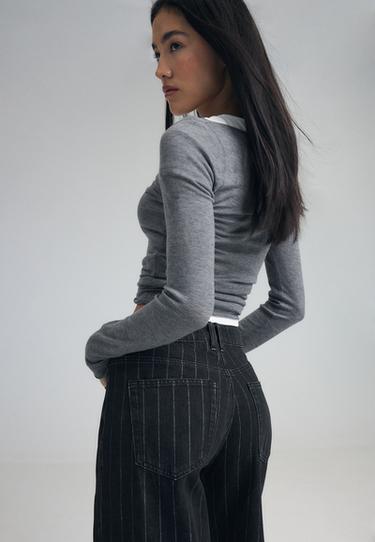 Straight wide-leg jeans with metallic thread stripes — BLACK DENIM WASH 4