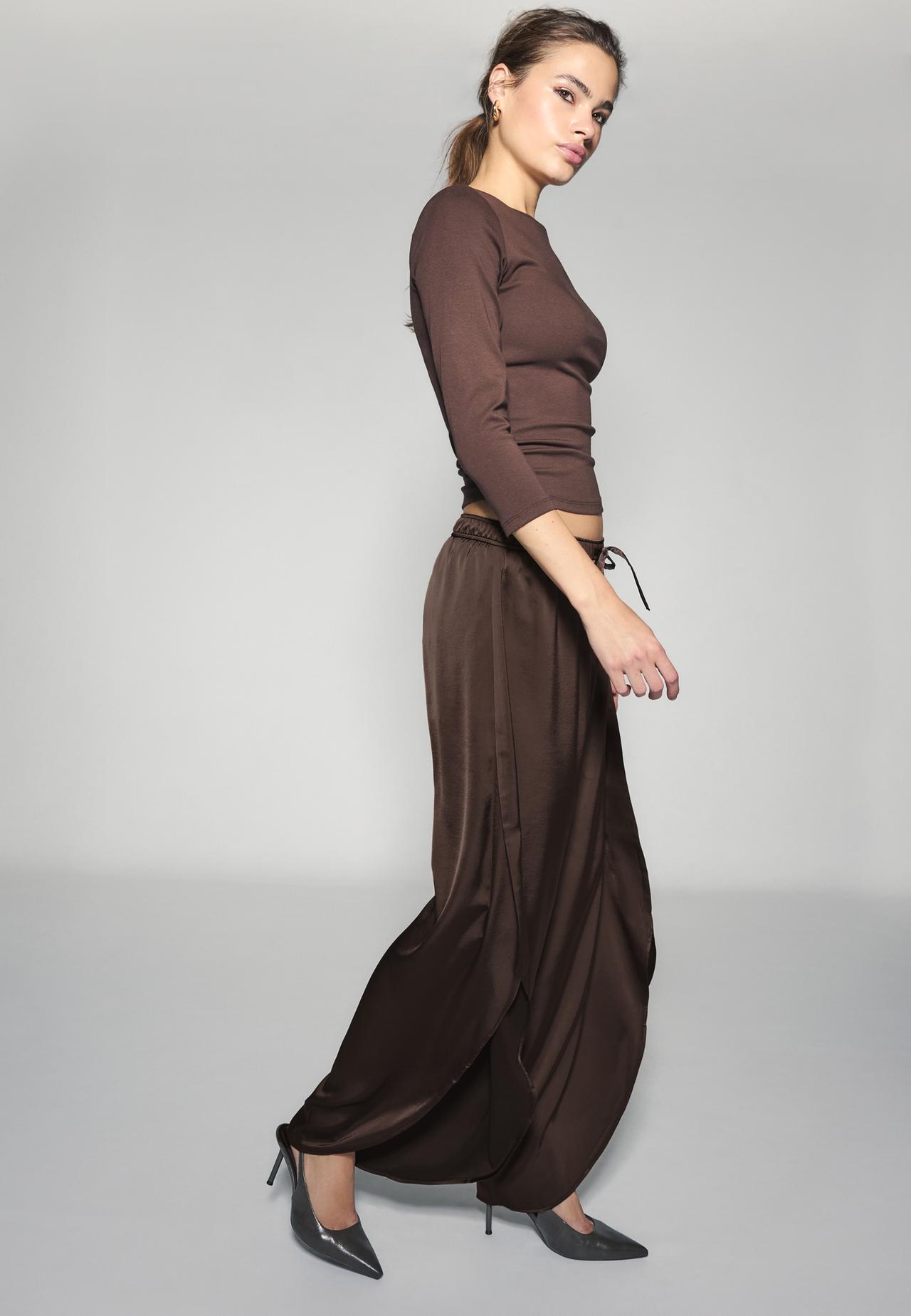 Satin trousers with split — Brown