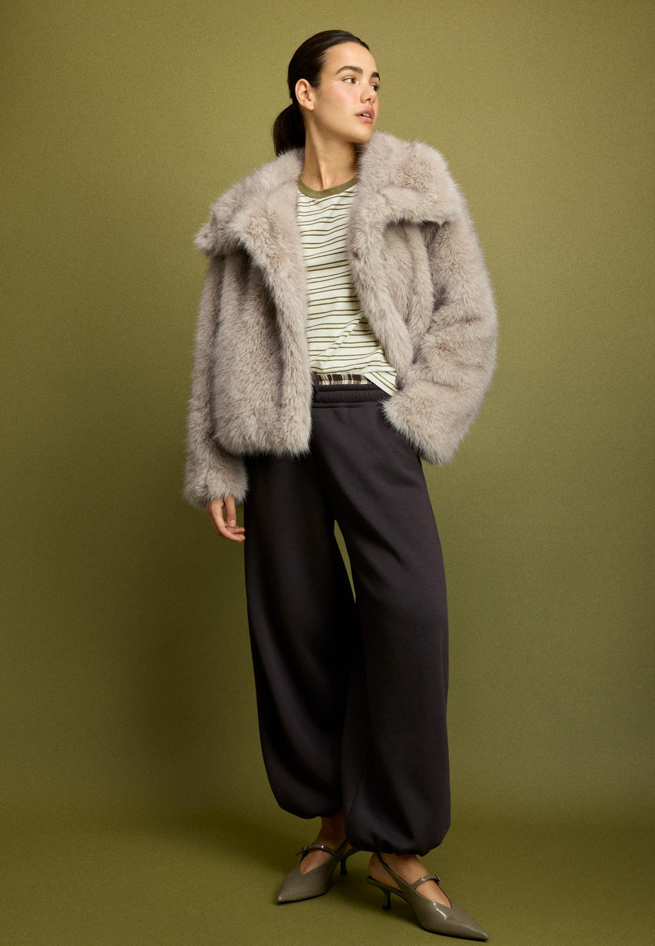 Basic high neck faux fur jacket — Stone
