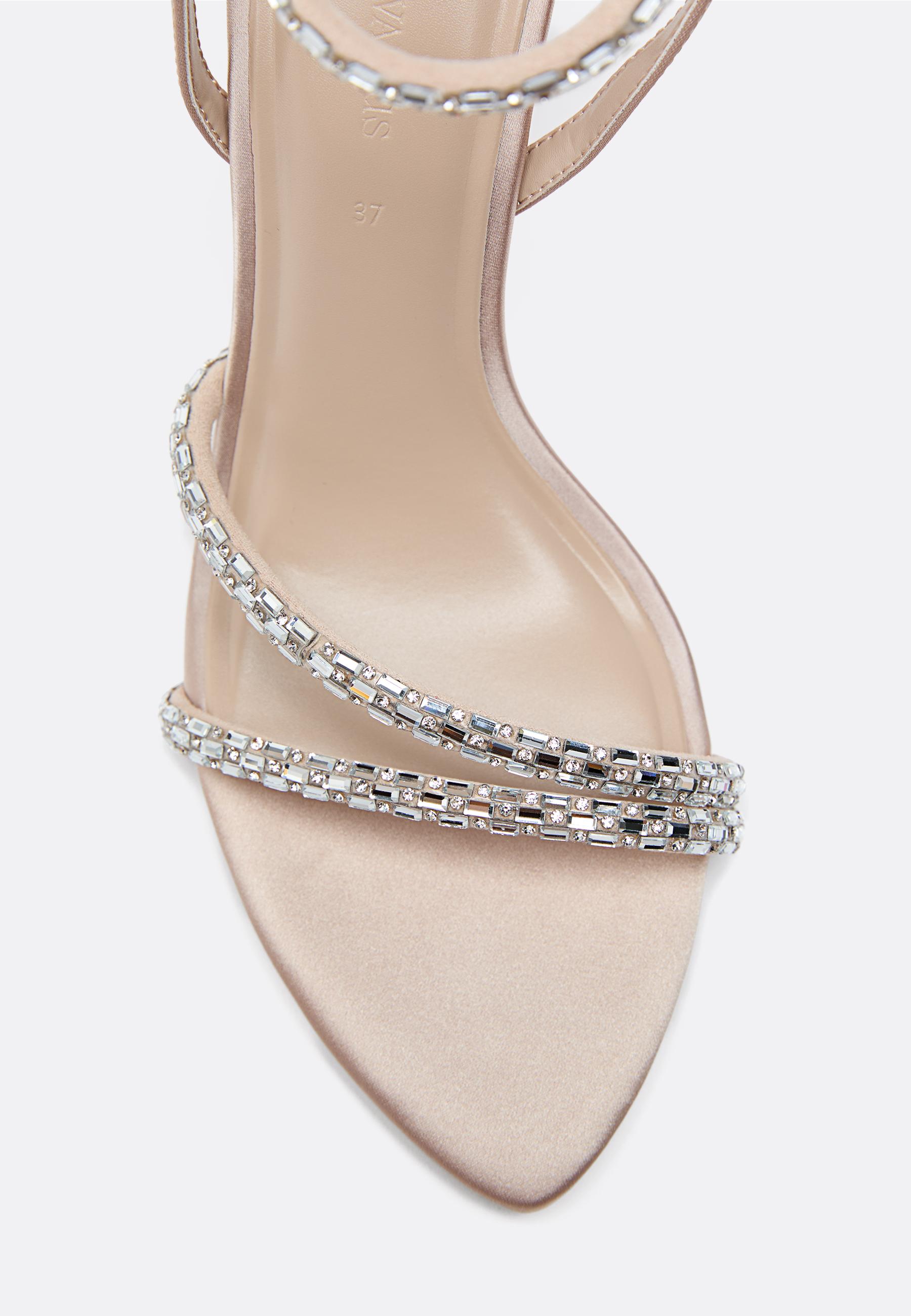 High-heel sandals with rhinestone detail — BEIGE