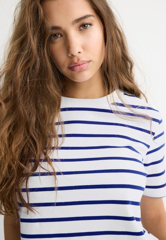 Stradivarius T-Shirt Basique Regular Fit Heavy Weight Rayures Bleu Électrique L