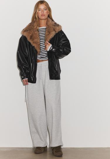Leather effect jacket with fur collar — Black 1