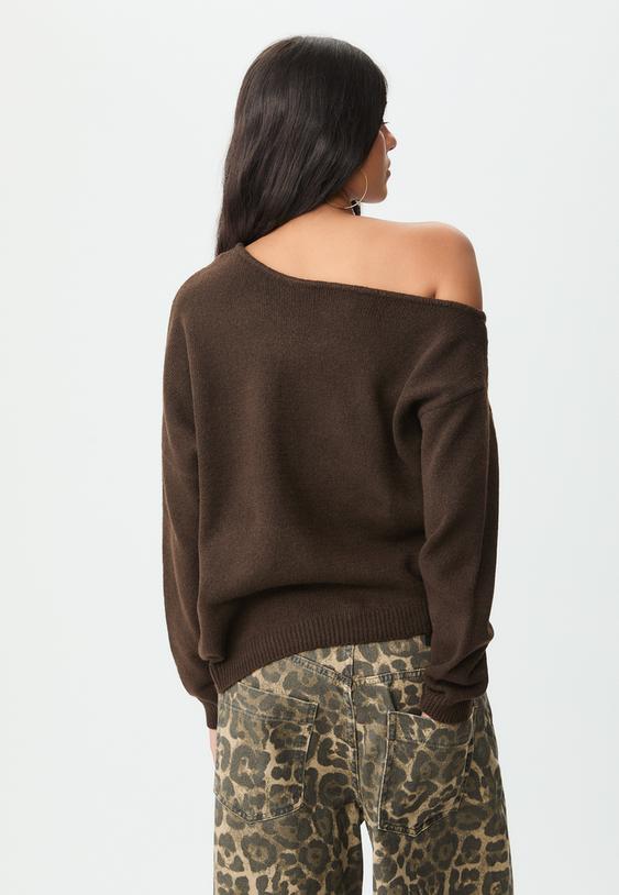 Stradivarius Asymmetric Knit Sweater Brown L