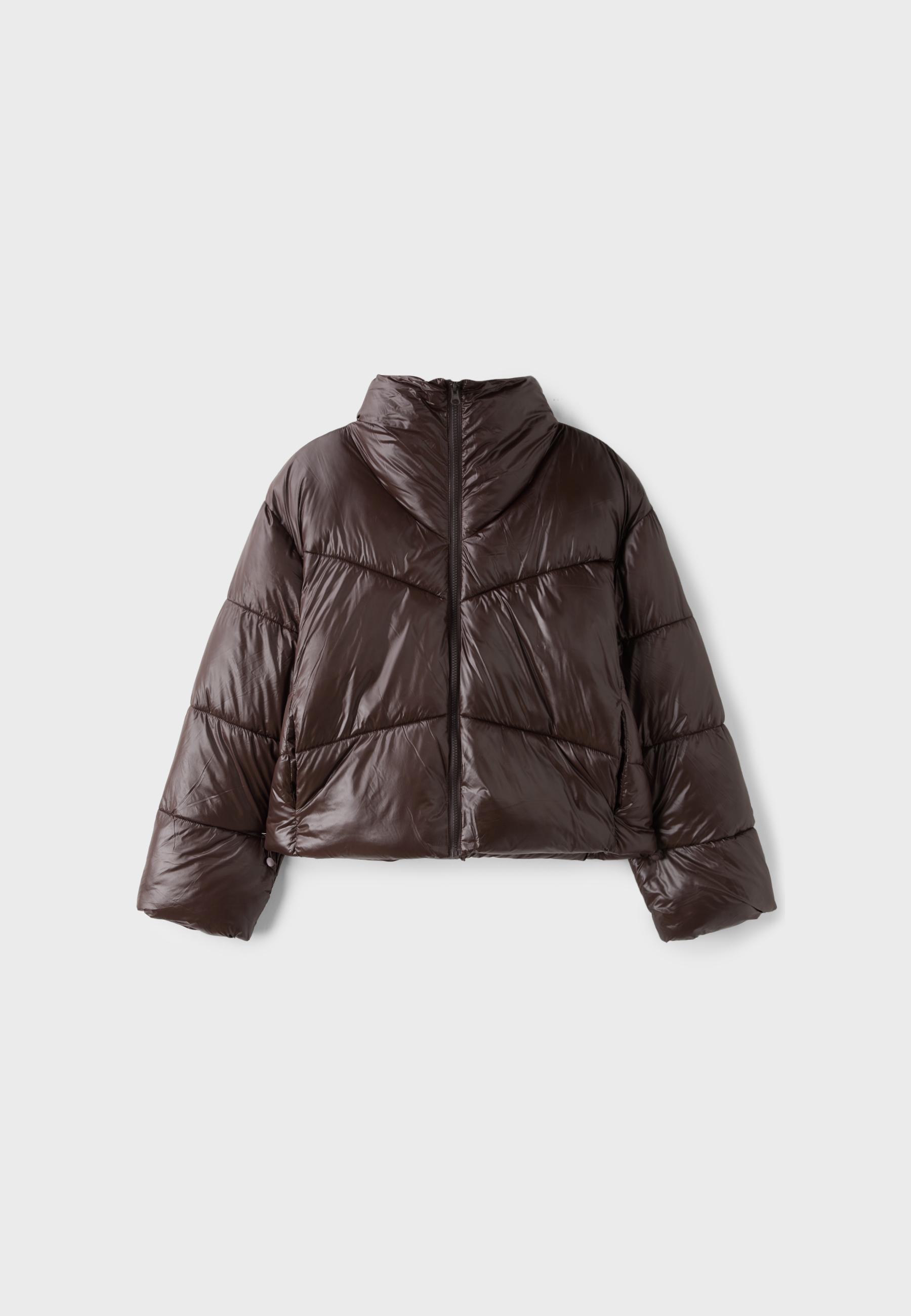 High-neck cropped puffer jacket — Brown