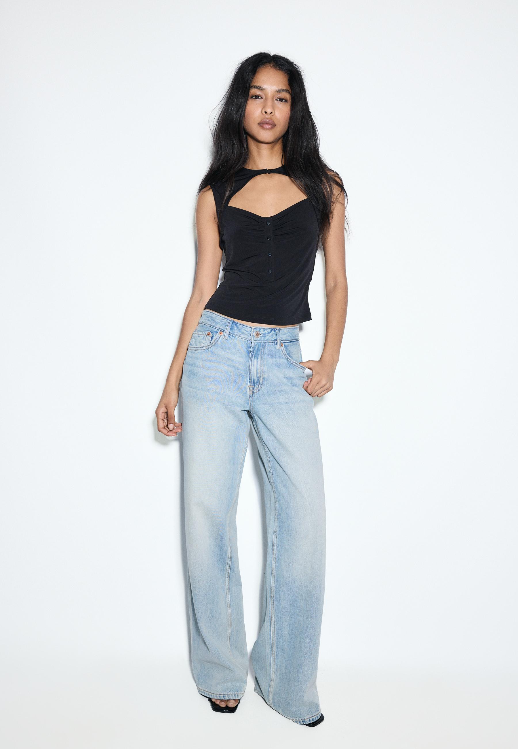 Stradivarius D91 Χαμηλόμεσο Τζιν Παντελόνι Wide Leg Γαλάζιο 44
