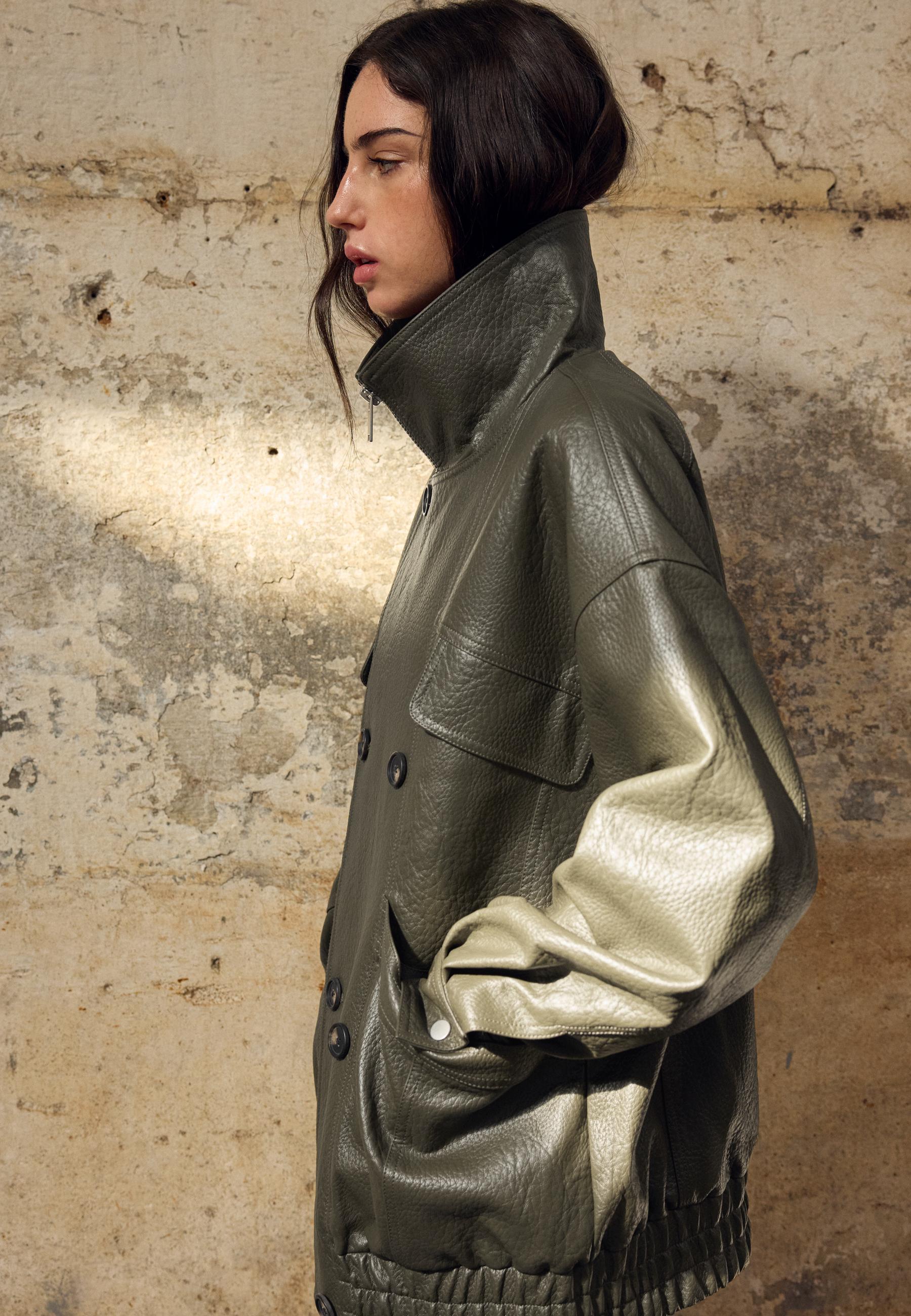 Oversized leather effect button-up jacket — Khaki