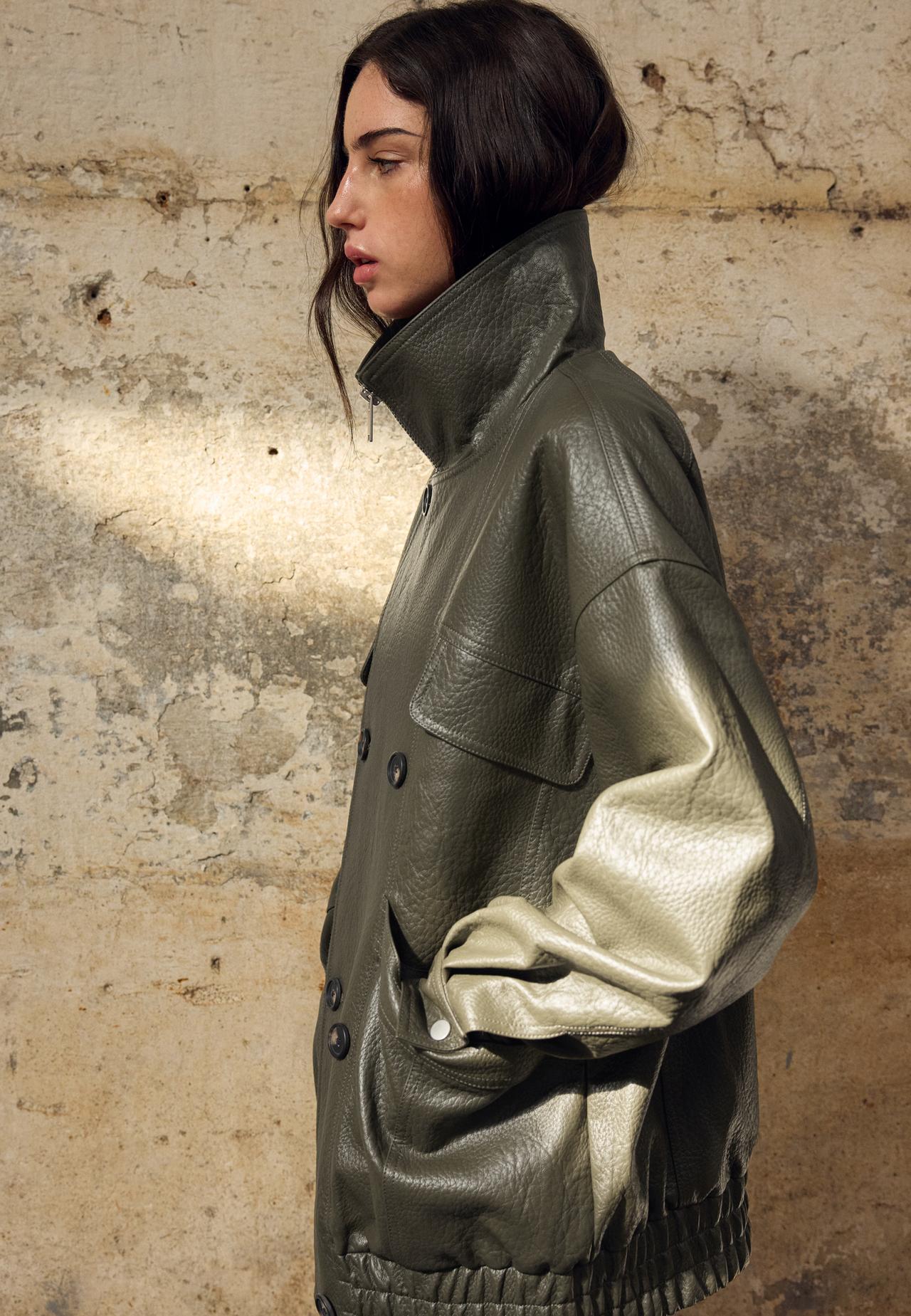 Oversize leather effect jacket with buttons — Khaki