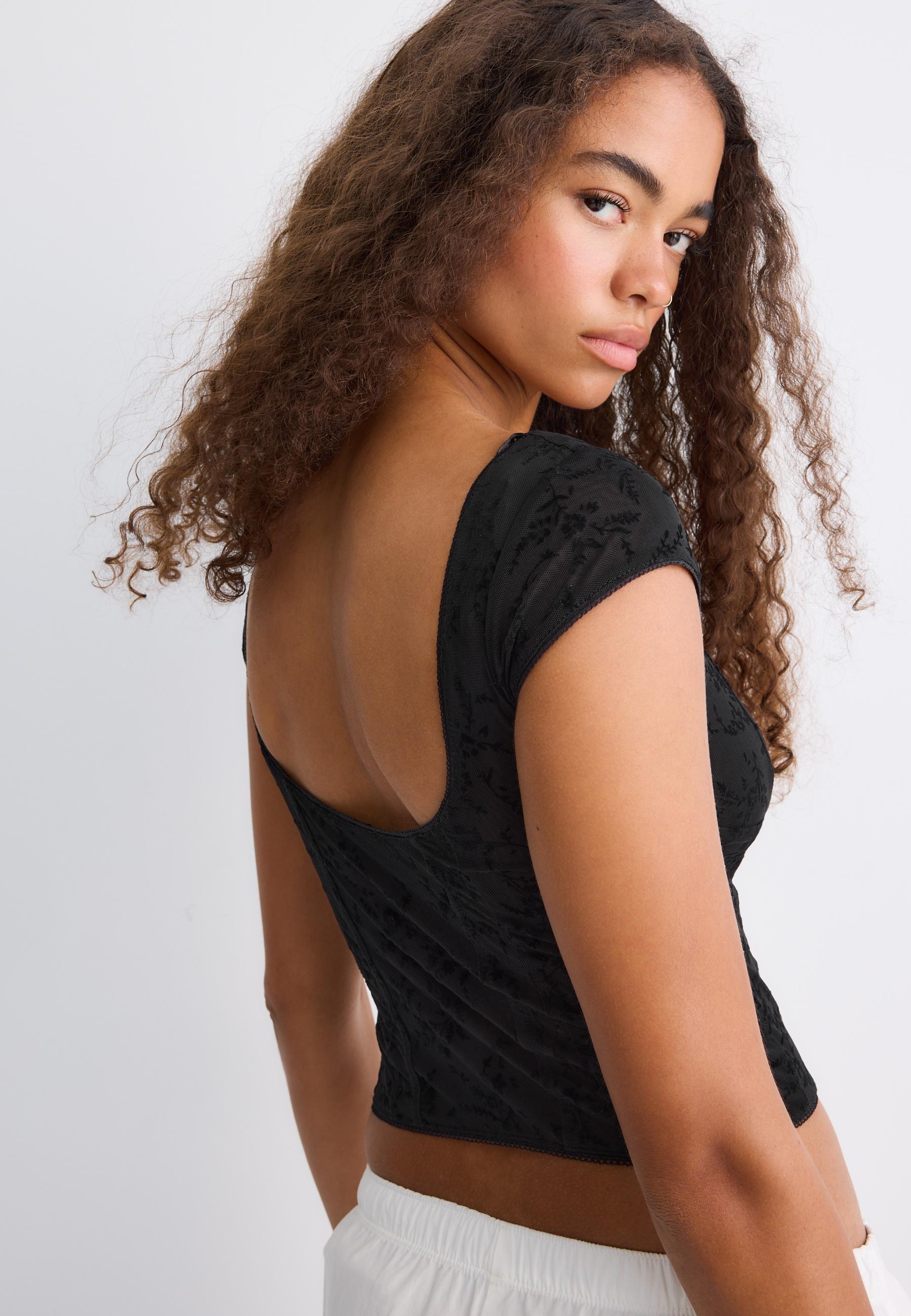 Flocked bodice top — Black