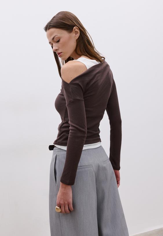 Stradivarius Asymmetric Double T-Shirt Brown M