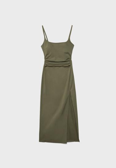 Bengaline midi dress with square neckline — Khaki 7