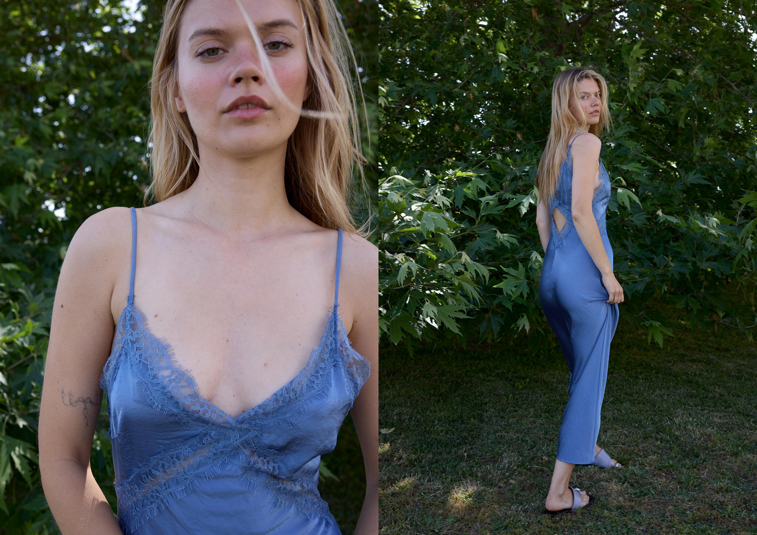 Satin midi dress with lace — Sky blue