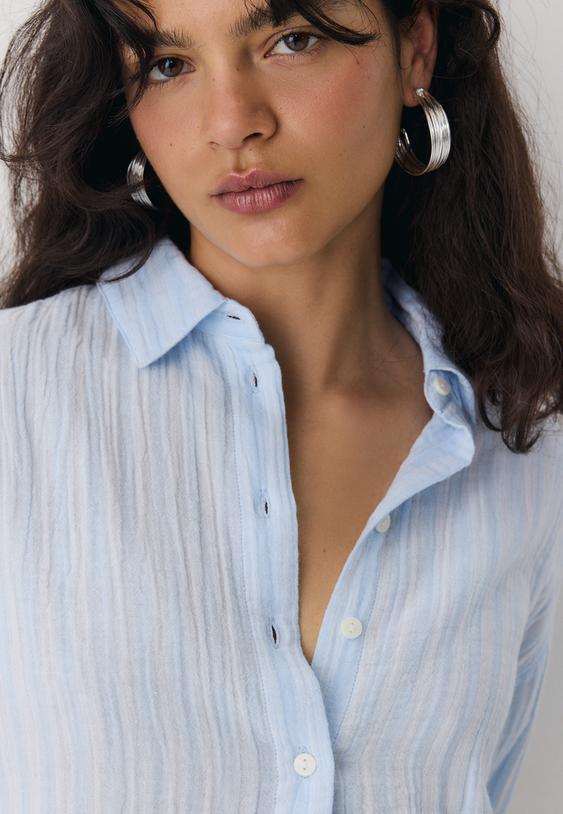 Stradivarius Basic Double-Fabric Shirt Sky Blue M