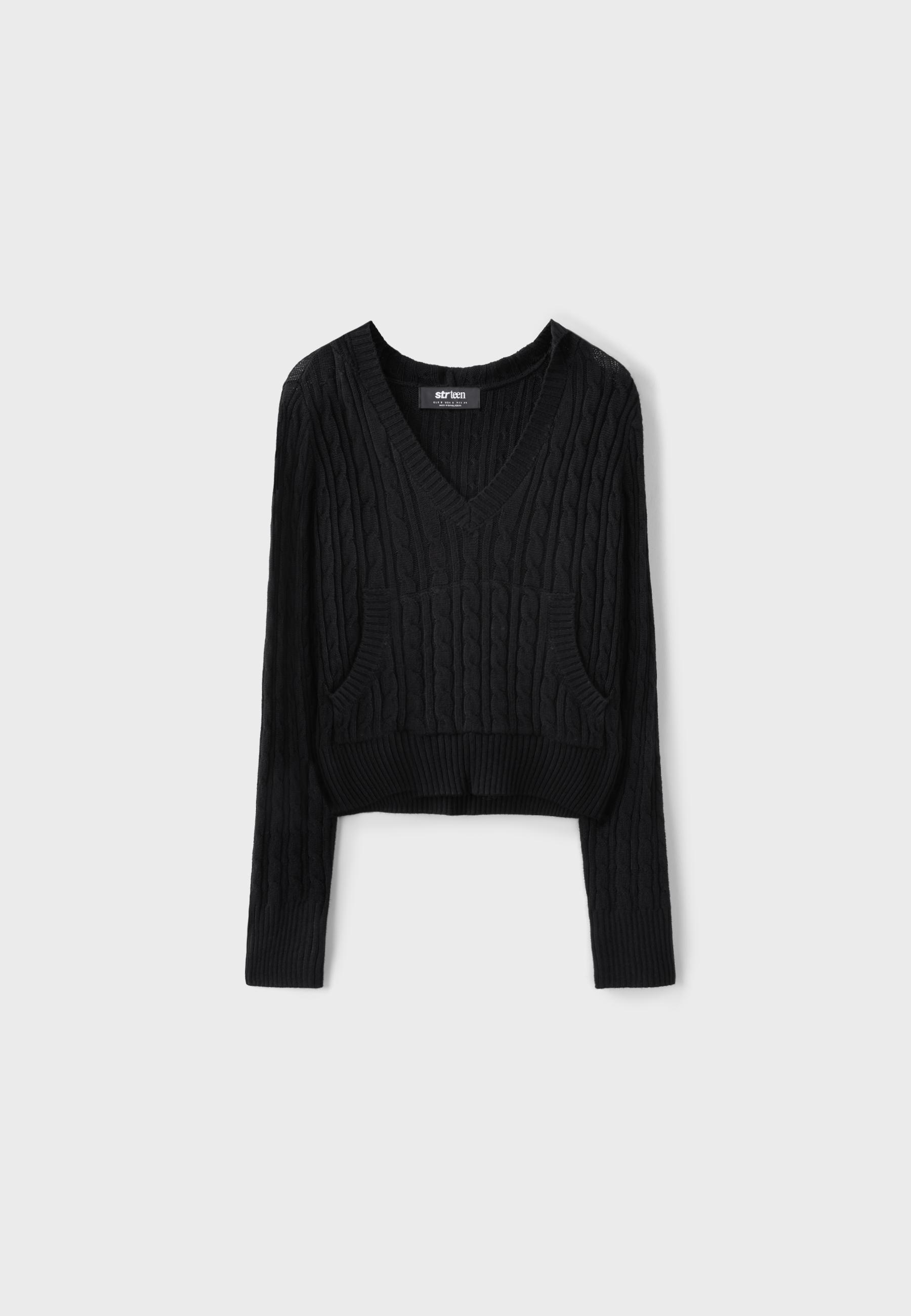 Hooded cable-knit jumper — Black