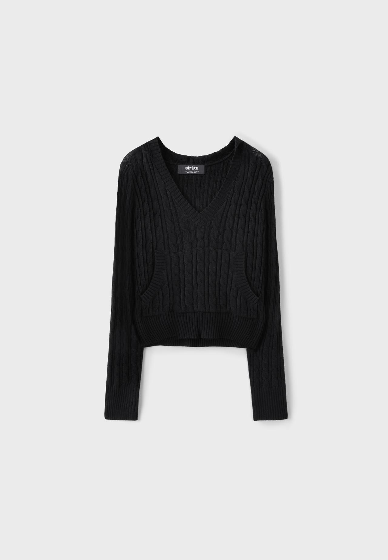 Cable-knit hood jumper — Black