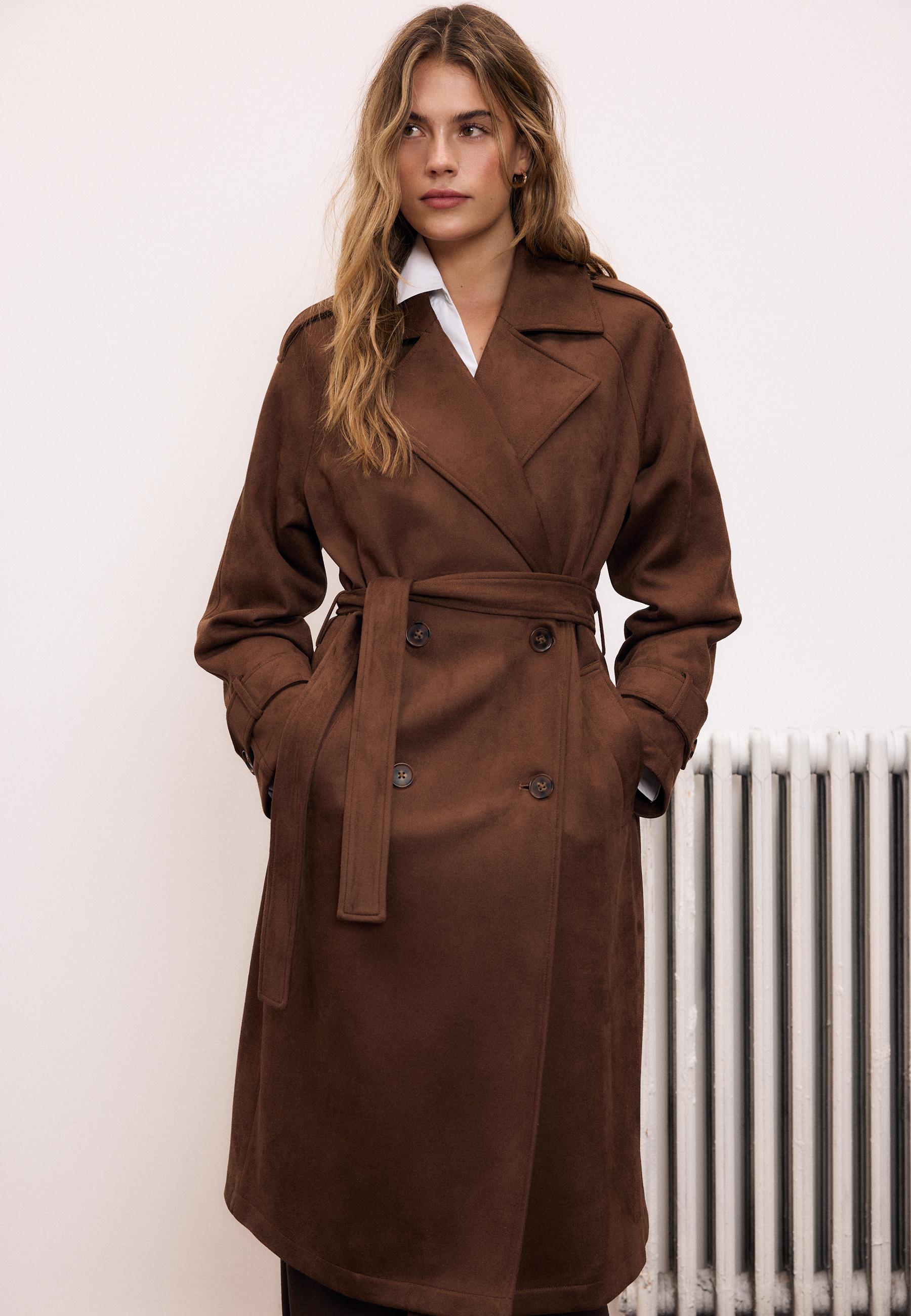 Long faux suede trench coat — Brown
