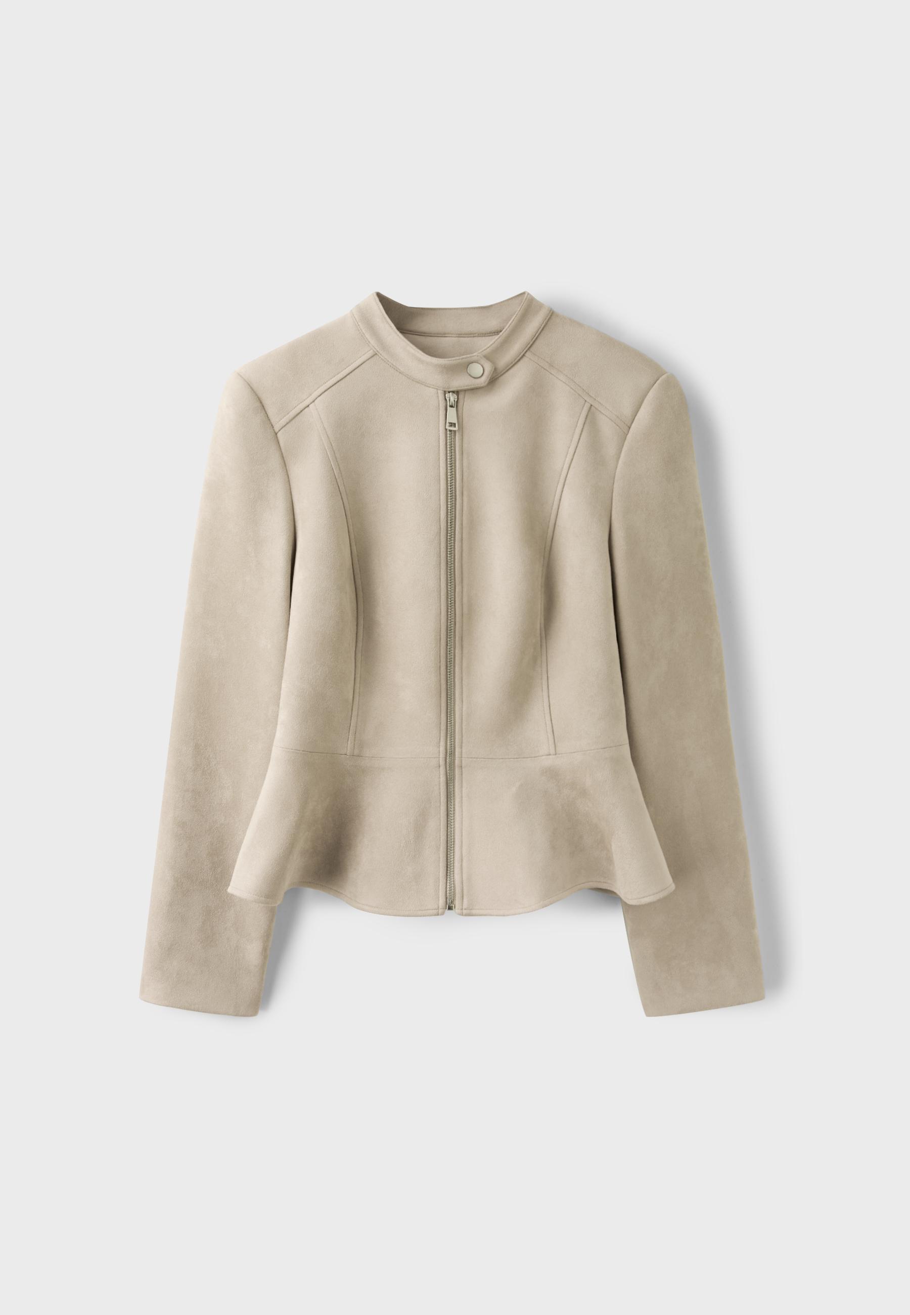 Fitted faux suede peplum jacket — Ecru