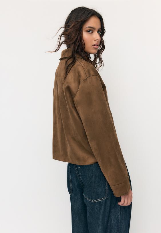 Stradivarius Faux Suede Jacket With Pockets Brown L