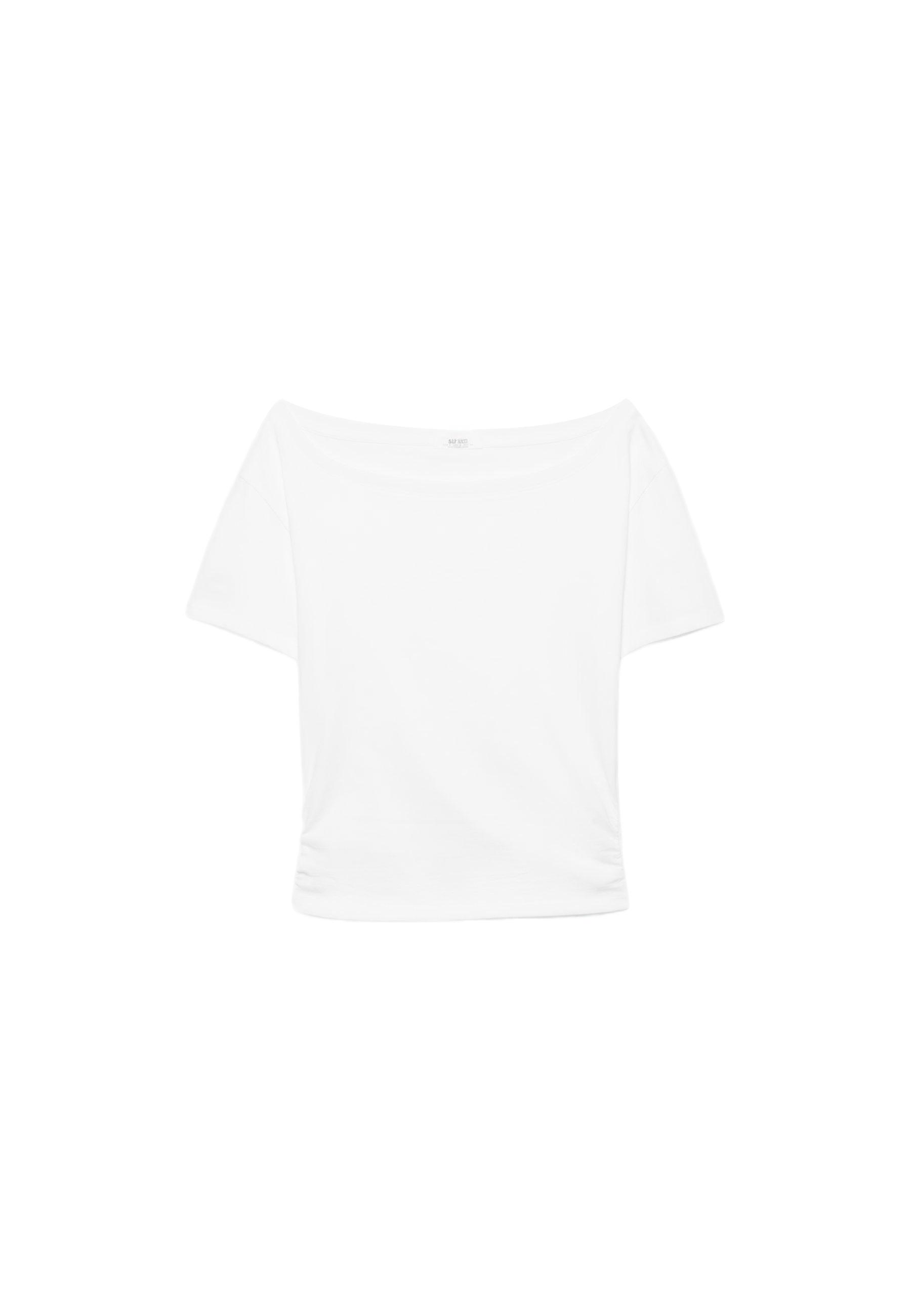Short sleeve boat neck T-shirt with gathers — White