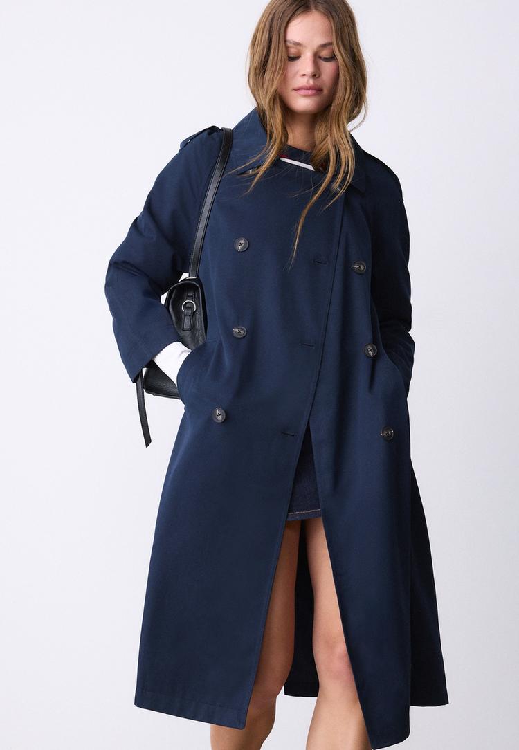 Stradivarius Μακριά, Χυτή Καμπαρντίνα Navy Blue Xs