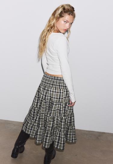 Check print midi skirt — Brown 5