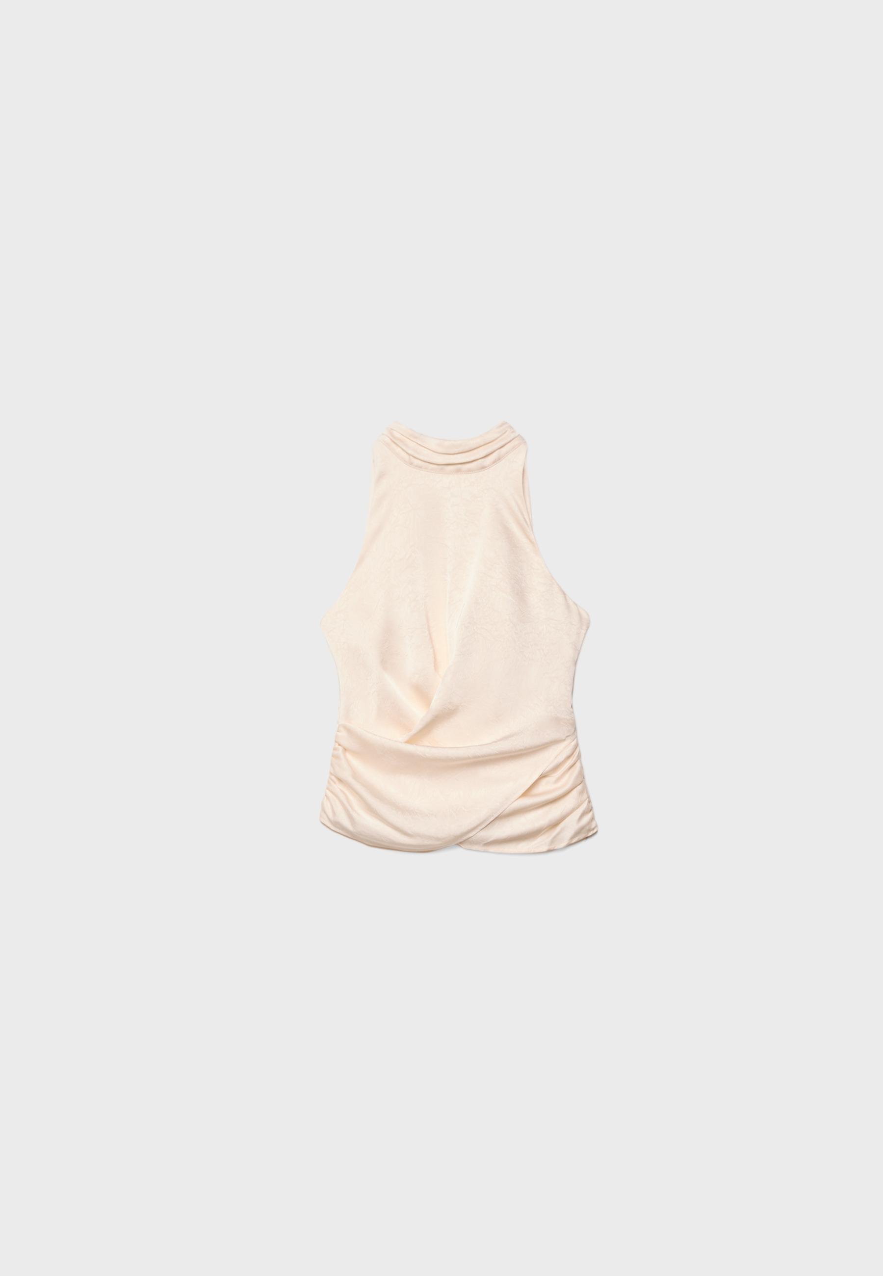 Satin halter neck top with ruching — Vanilla